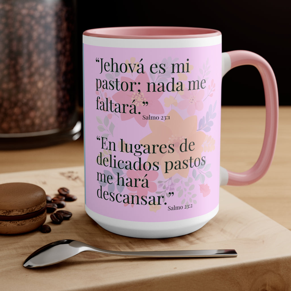 Lion Illustration Accent Mug | Bible Verse Spanish Text, Pink Interior