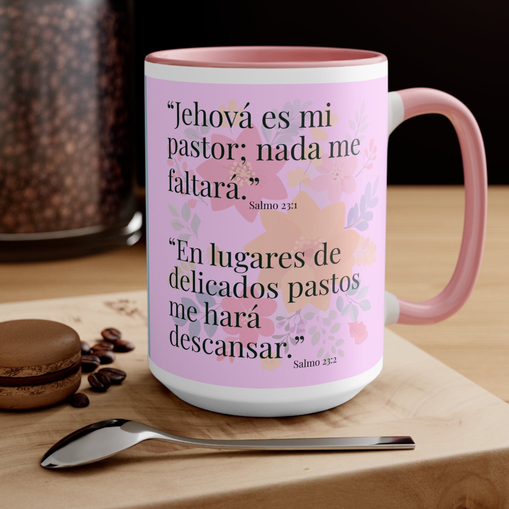 Lion Illustration Accent Mug | Bible Verse Spanish Text, Pink Interior