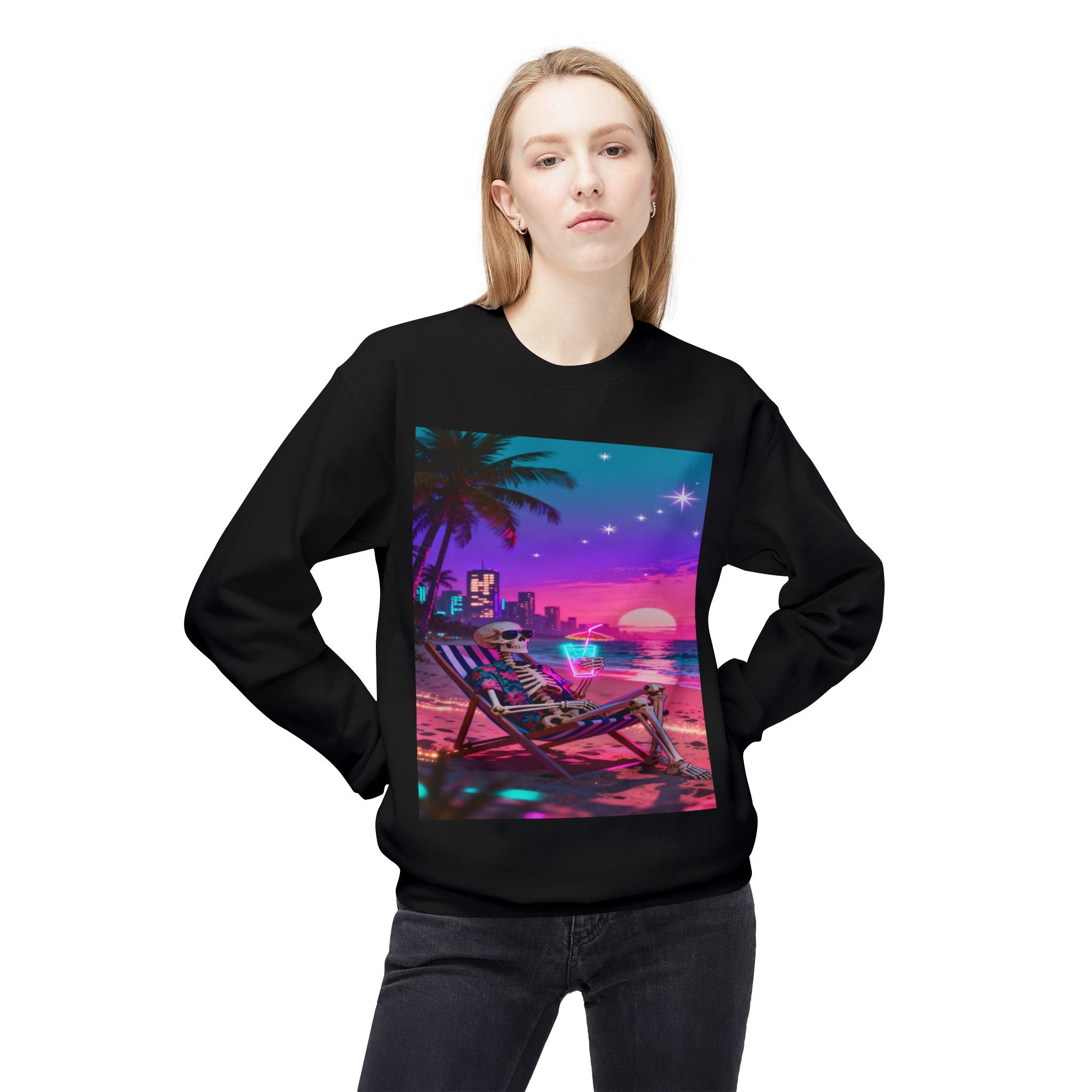 Retro Vaporwave Skeleton Beach Sweatshirt | Neon Sunset Aesthetic