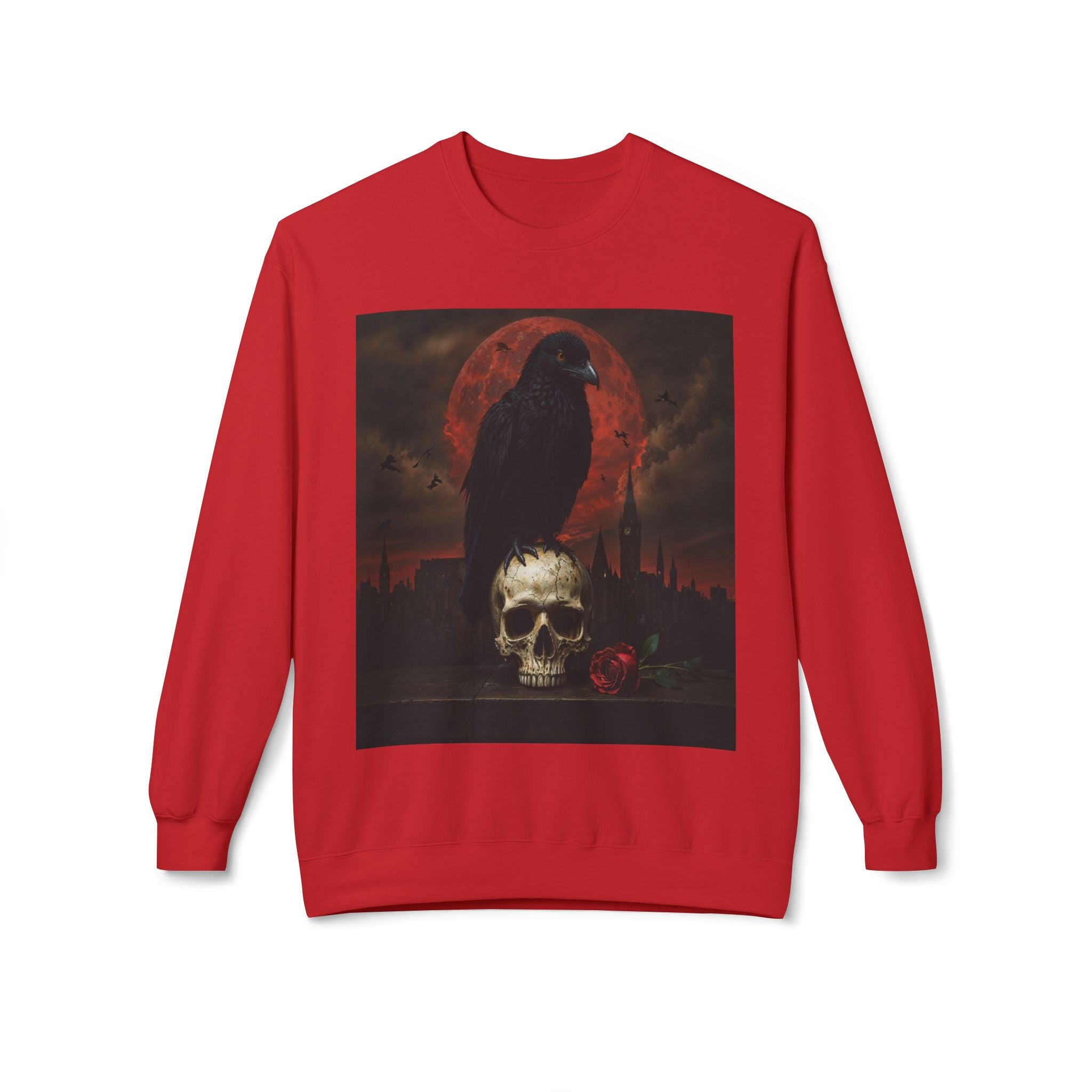 Raven on Skull Crewneck Sweatshirt | Skull Volcano Back Print