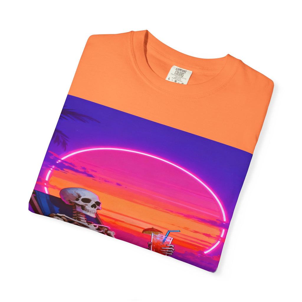 Skeleton on Beach T-shirt | Retro Neon Sunset Vaporwave