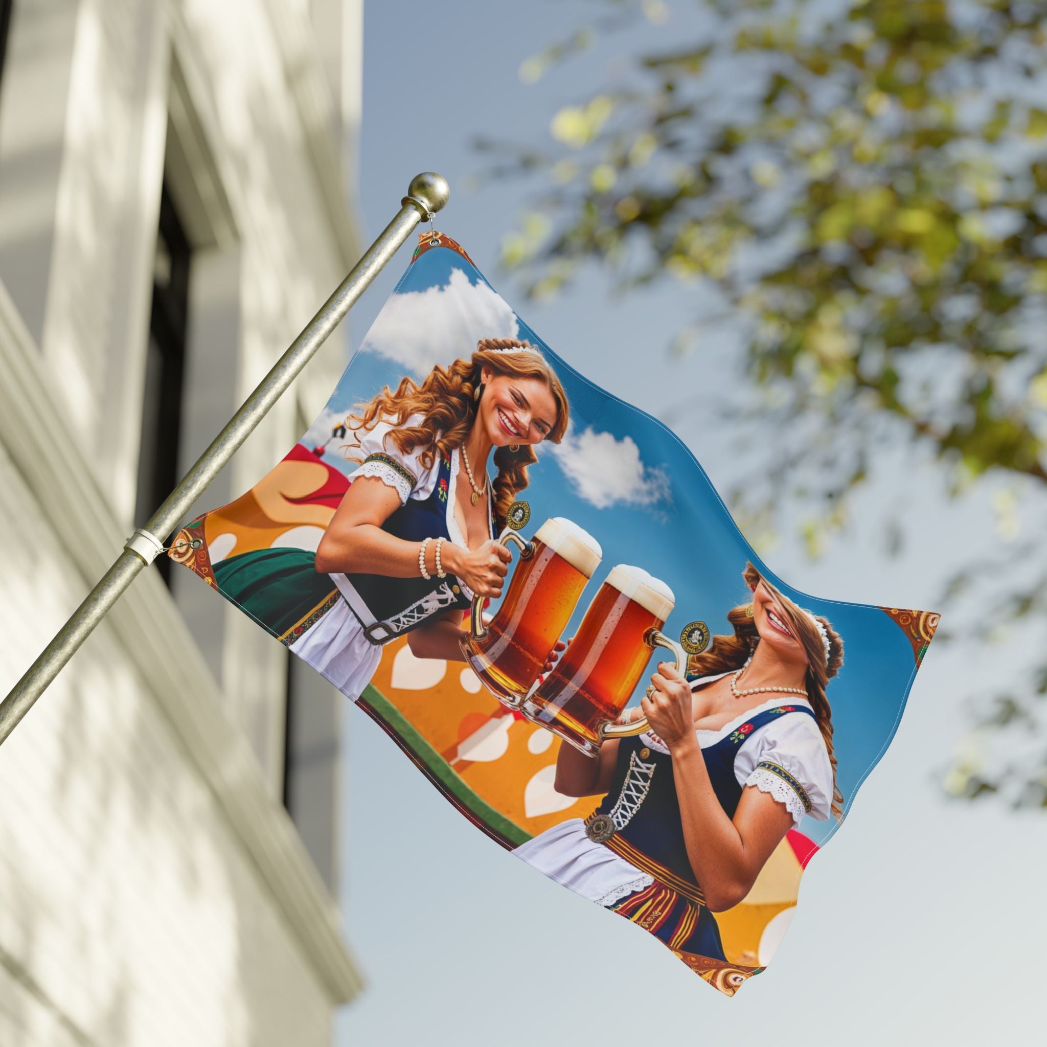 Oktoberfest Beer Maids Double Sided Flag | Bavarian Cheers, Prost Scene