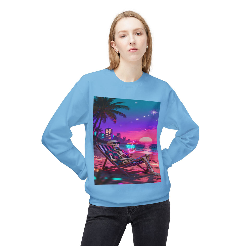 Retro Vaporwave Skeleton Beach Sweatshirt | Neon Sunset Aesthetic