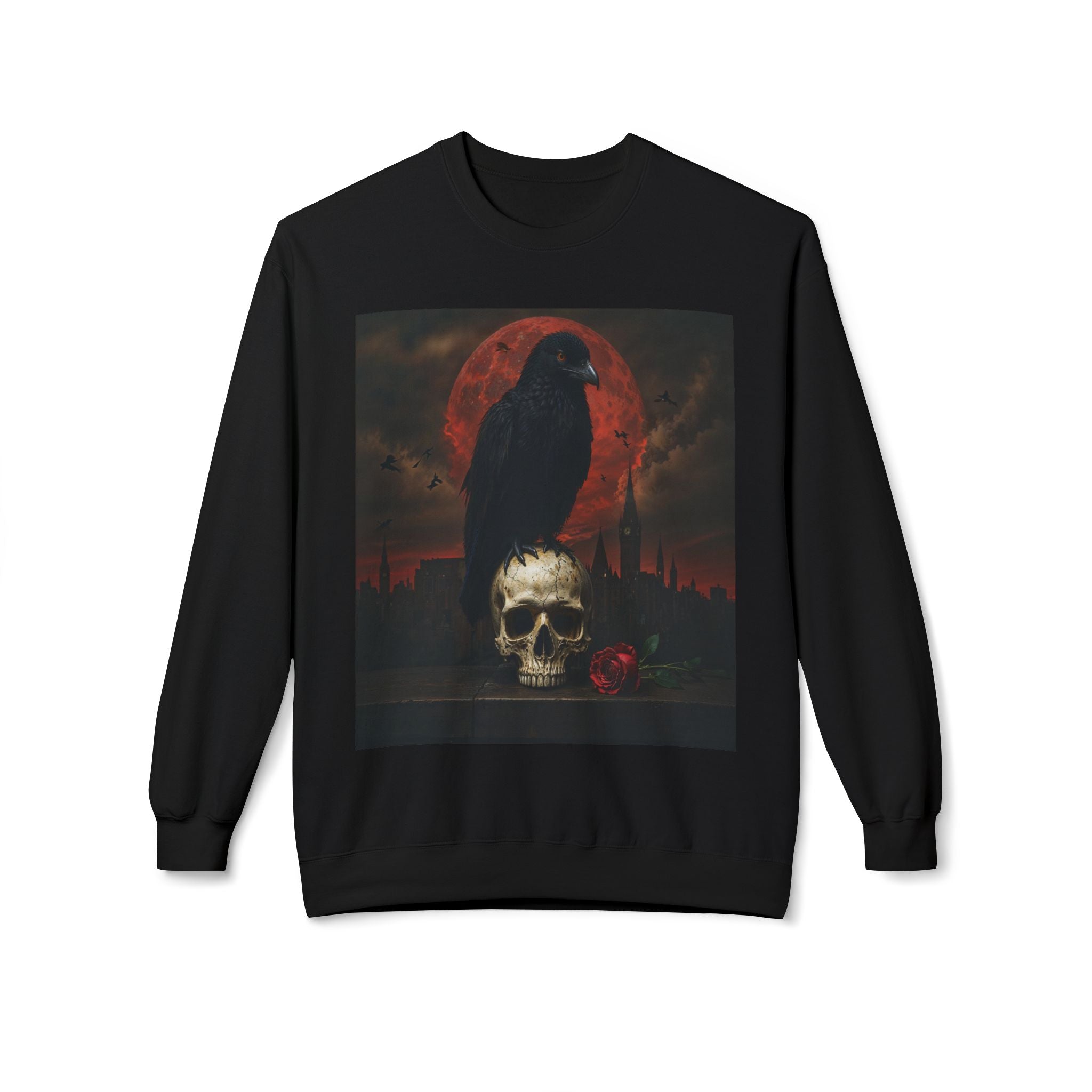 Raven on Skull Crewneck Sweatshirt | Skull Volcano Back Print