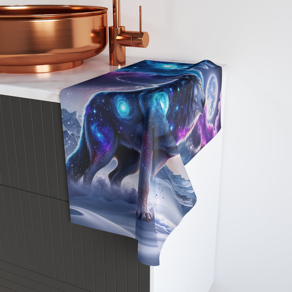 Cosmic Wolf Howling Hand Towel | Galaxy Night Moon
