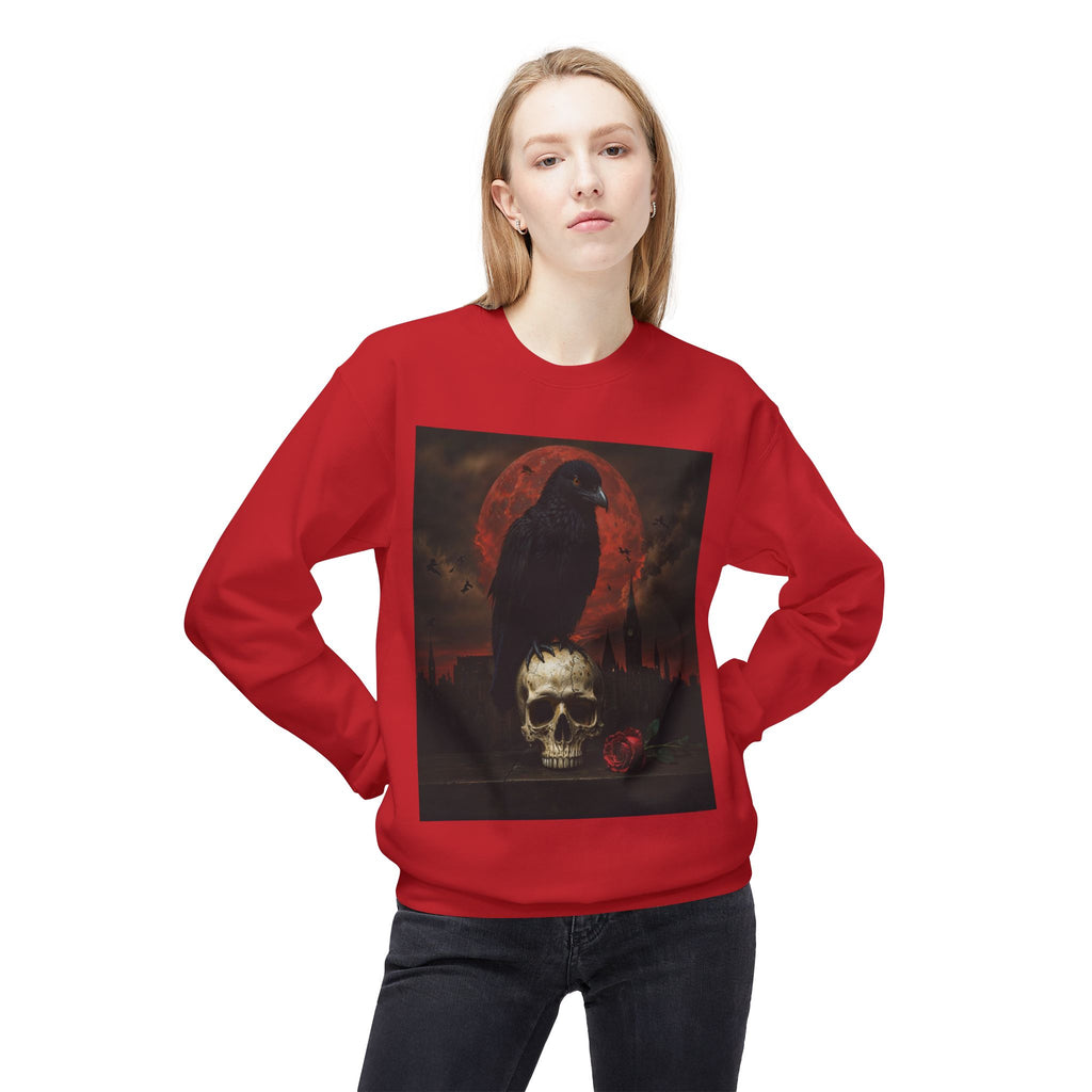 Raven on Skull Crewneck Sweatshirt | Skull Volcano Back Print