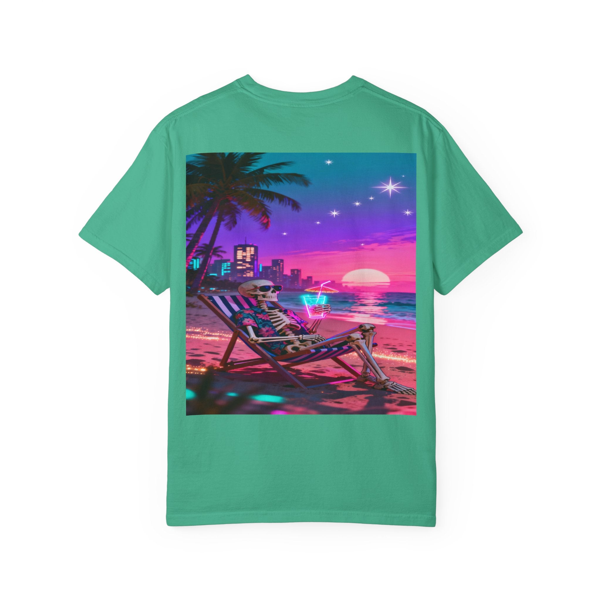 Skeleton on Beach T-shirt | Retro Neon Sunset Vaporwave