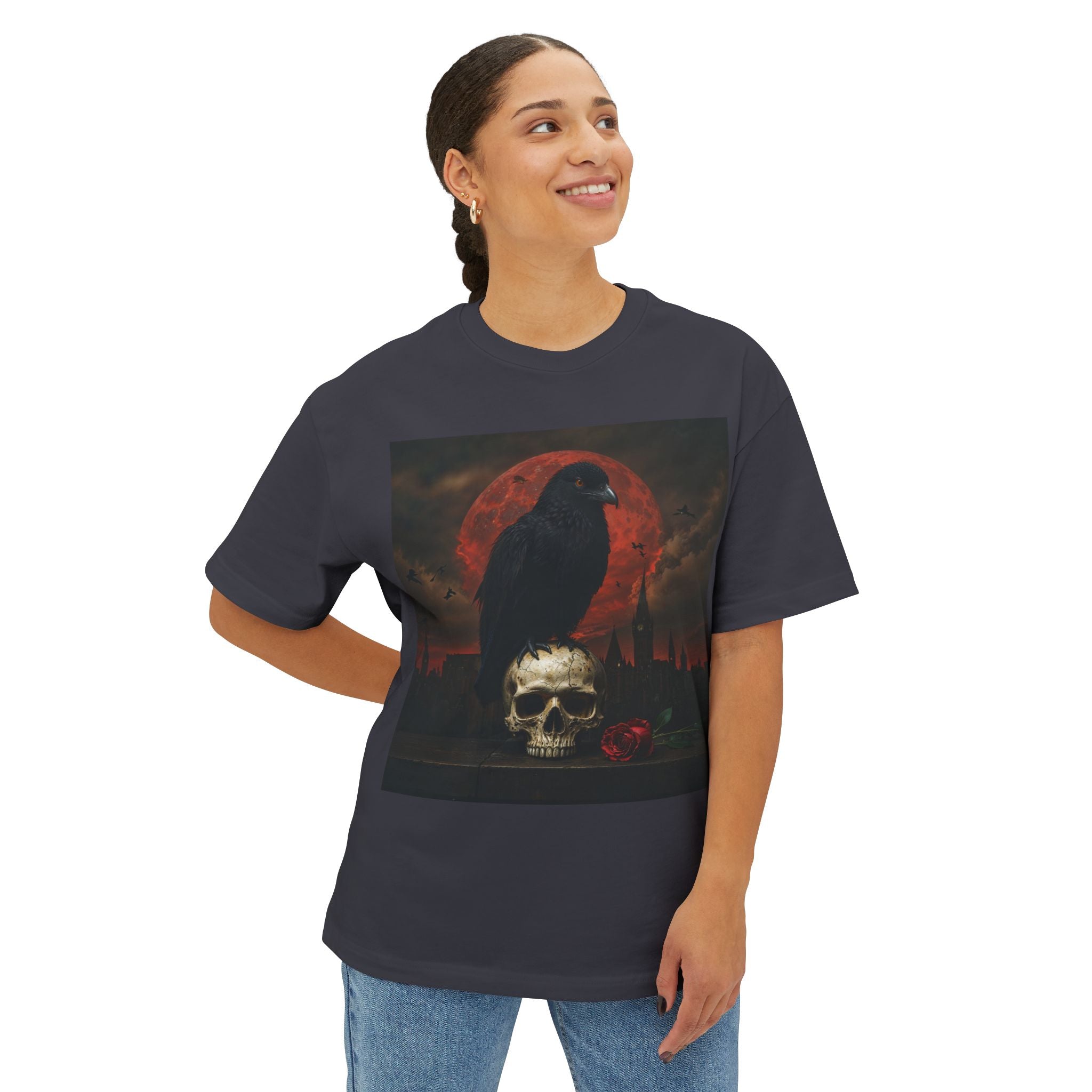Raven Rising from Flames Skull Tee | Gothic Metal Fantasy