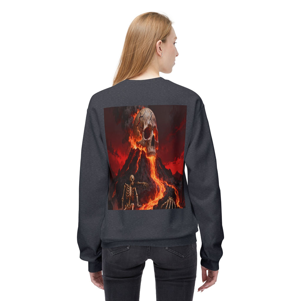 Raven on Skull Crewneck Sweatshirt | Skull Volcano Back Print