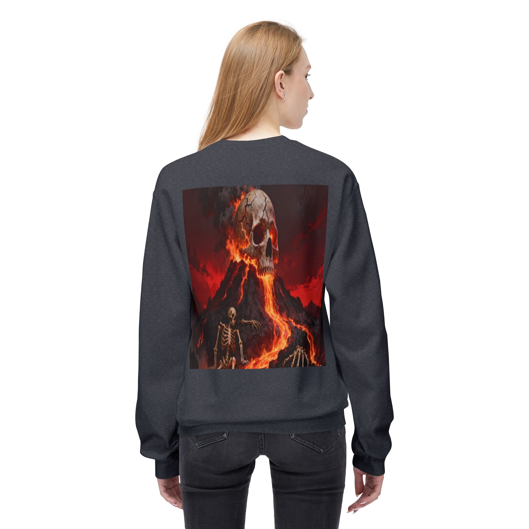 Raven on Skull Crewneck Sweatshirt | Skull Volcano Back Print