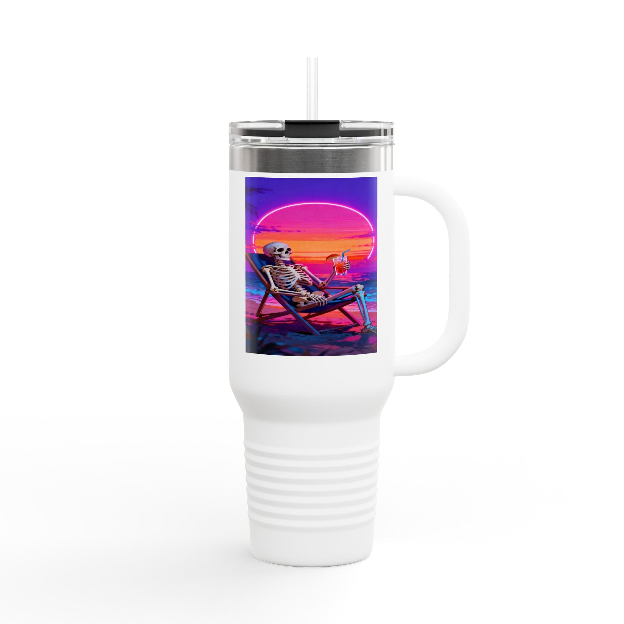 Retro Vaporwave Skeleton Sunset Insulated Travel Mug