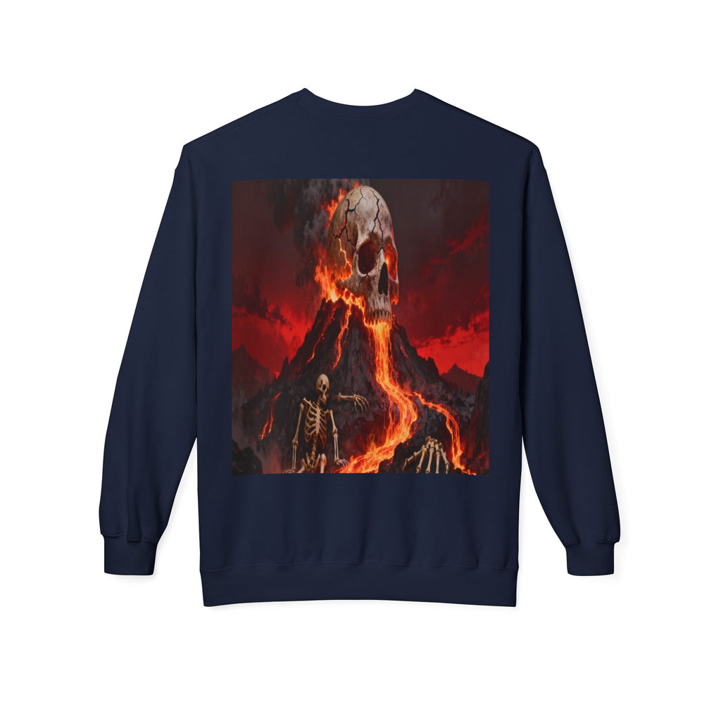 Raven on Skull Crewneck Sweatshirt | Skull Volcano Back Print