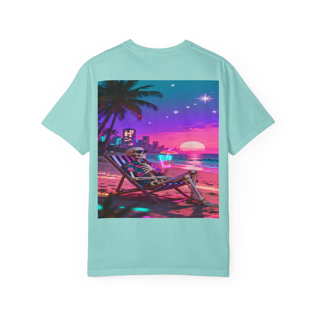 Skeleton on Beach T-shirt | Retro Neon Sunset Vaporwave
