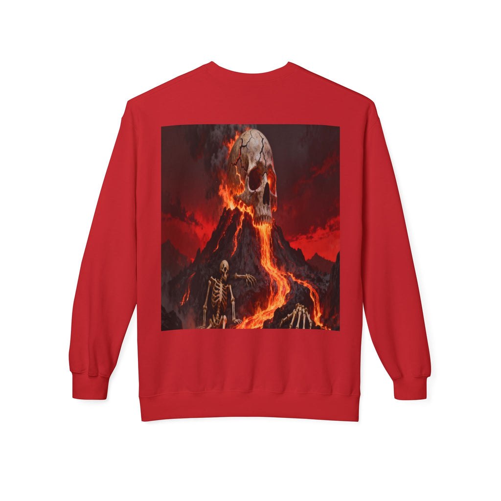 Raven on Skull Crewneck Sweatshirt | Skull Volcano Back Print