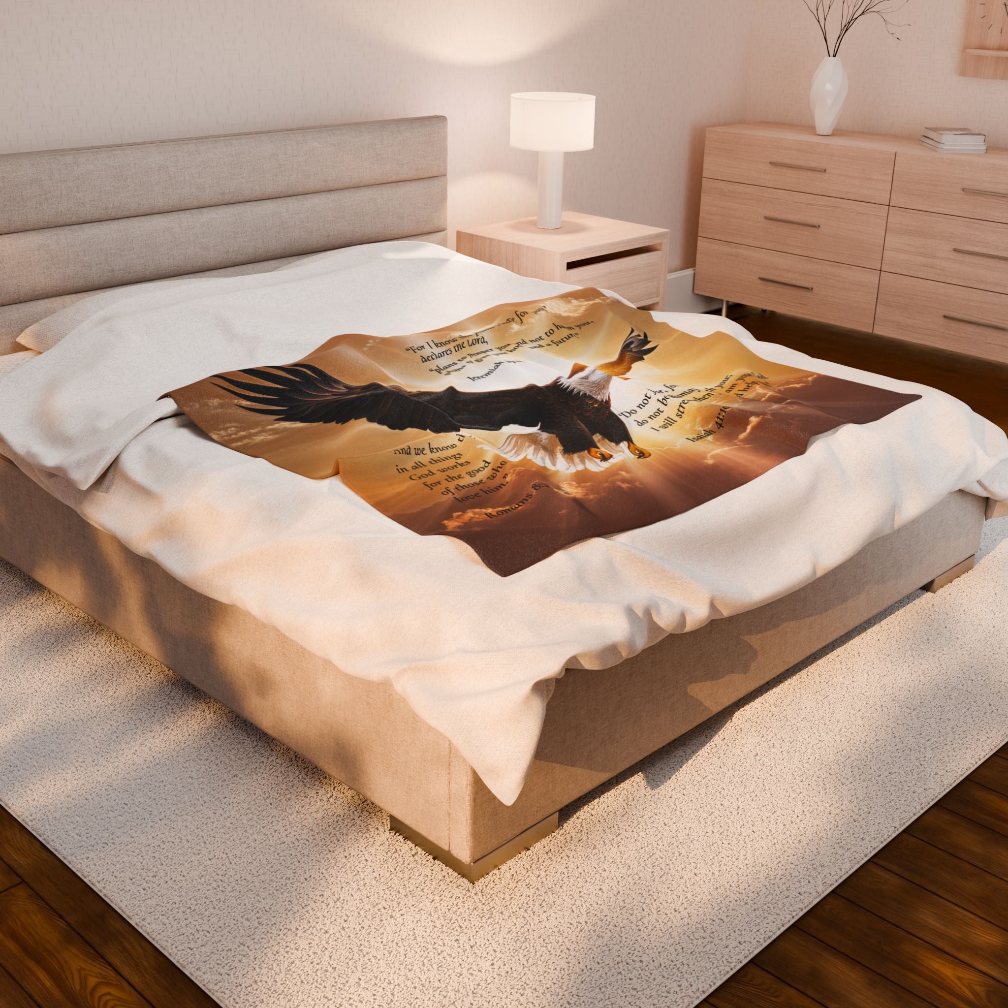 Soaring Bald Eagle Scripture Velveteen Blanket | Inspirational Psalm Design
