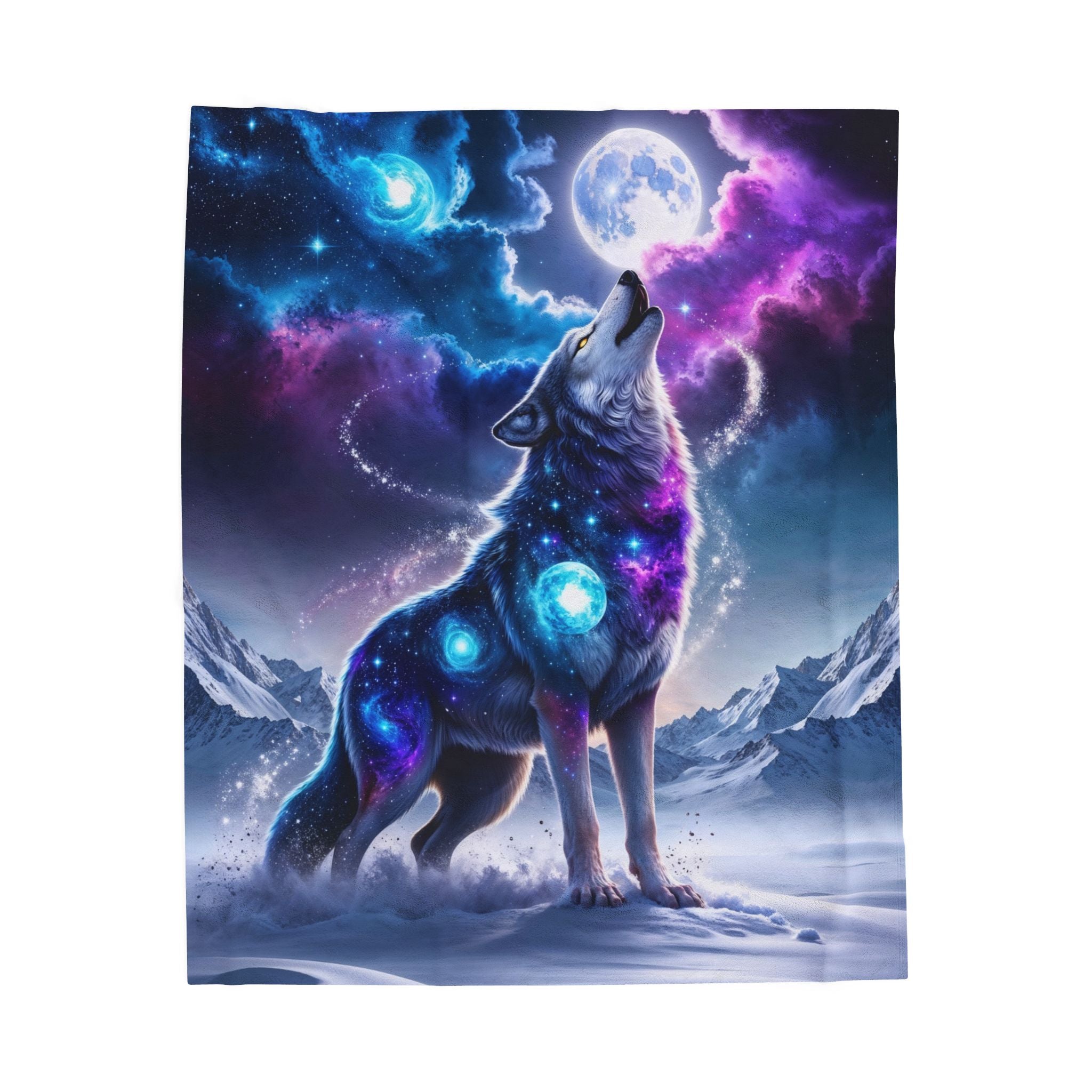 Galaxy Wolf Howling Velveteen Plush Blanket | Cosmic Moon Wolf Throw