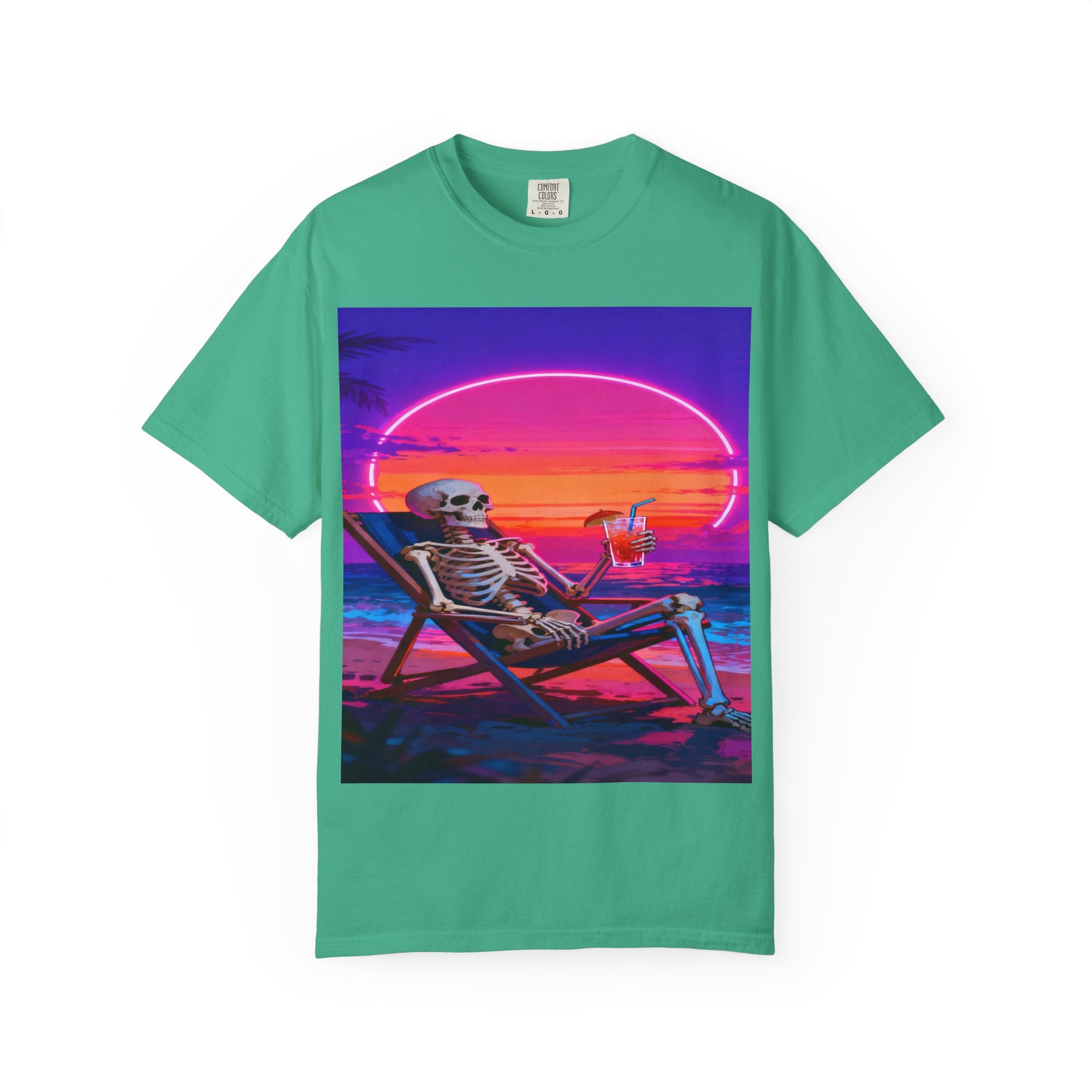 Skeleton on Beach T-shirt | Retro Neon Sunset Vaporwave