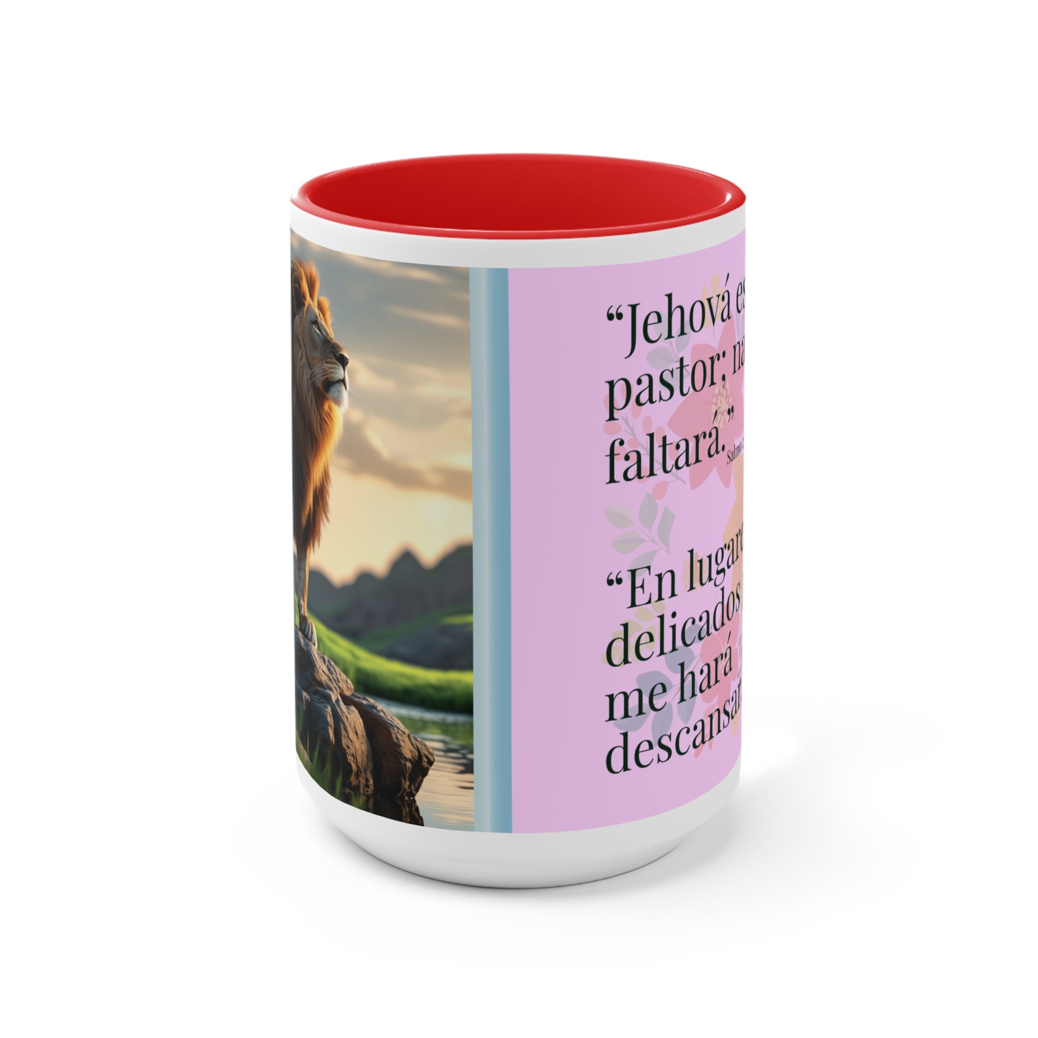Lion Illustration Accent Mug | Bible Verse Spanish Text, Pink Interior