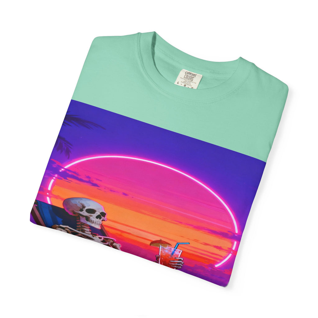 Skeleton on Beach T-shirt | Retro Neon Sunset Vaporwave