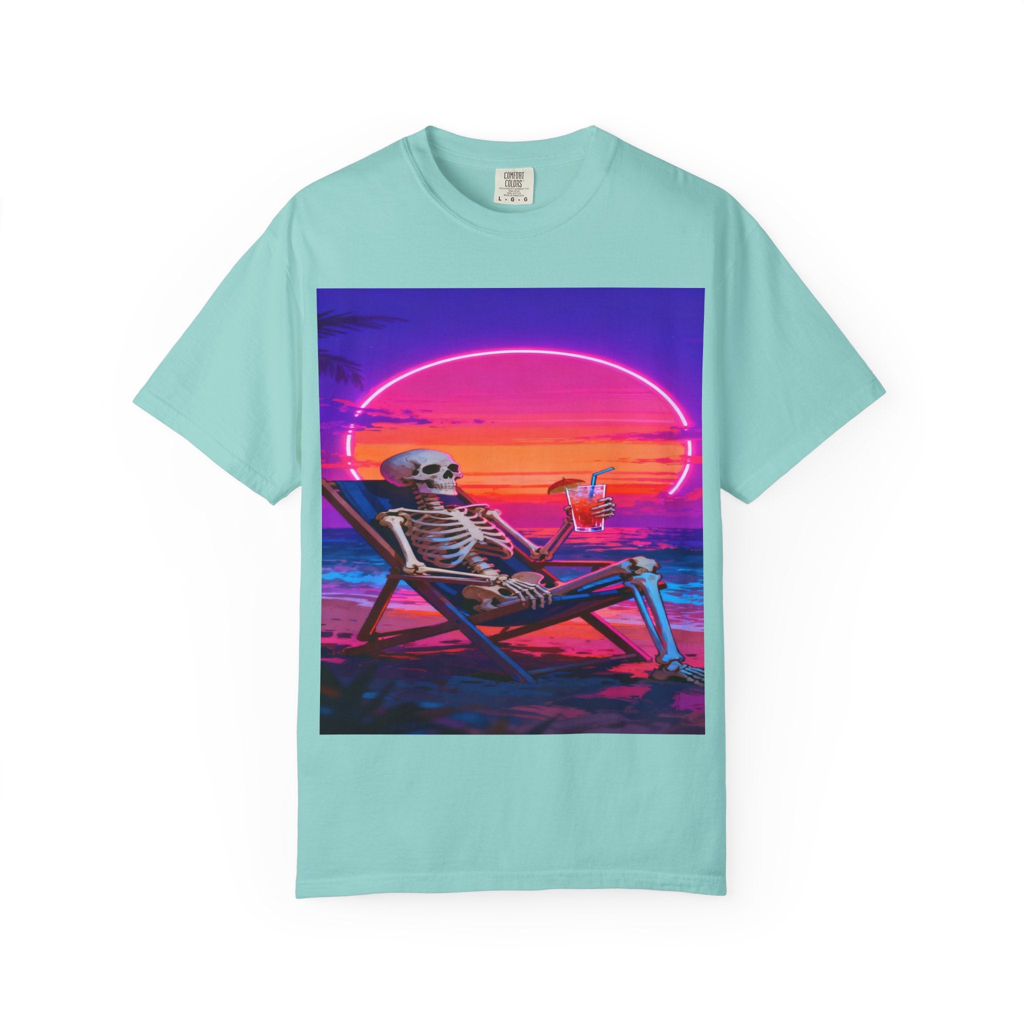 Skeleton on Beach T-shirt | Retro Neon Sunset Vaporwave