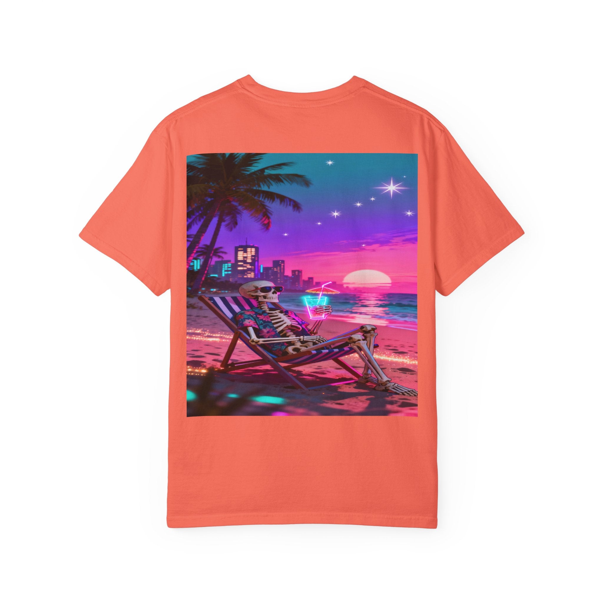 Skeleton on Beach T-shirt | Retro Neon Sunset Vaporwave