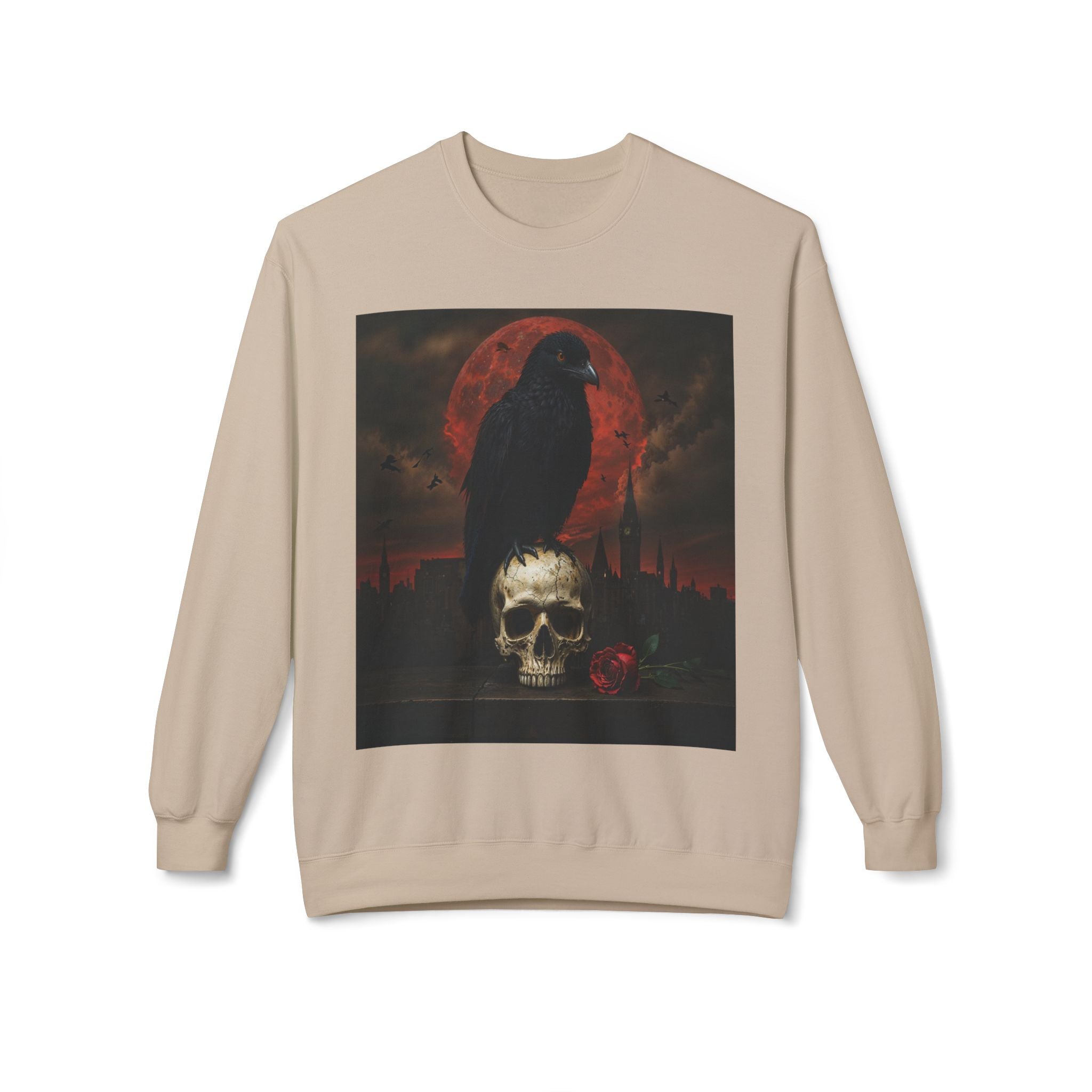 Raven on Skull Crewneck Sweatshirt | Skull Volcano Back Print