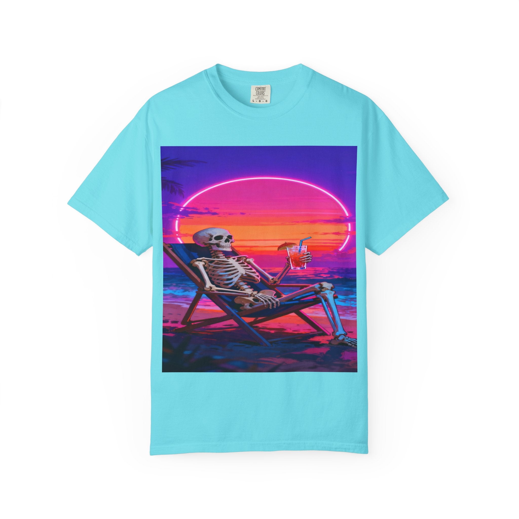 Skeleton on Beach T-shirt | Retro Neon Sunset Vaporwave