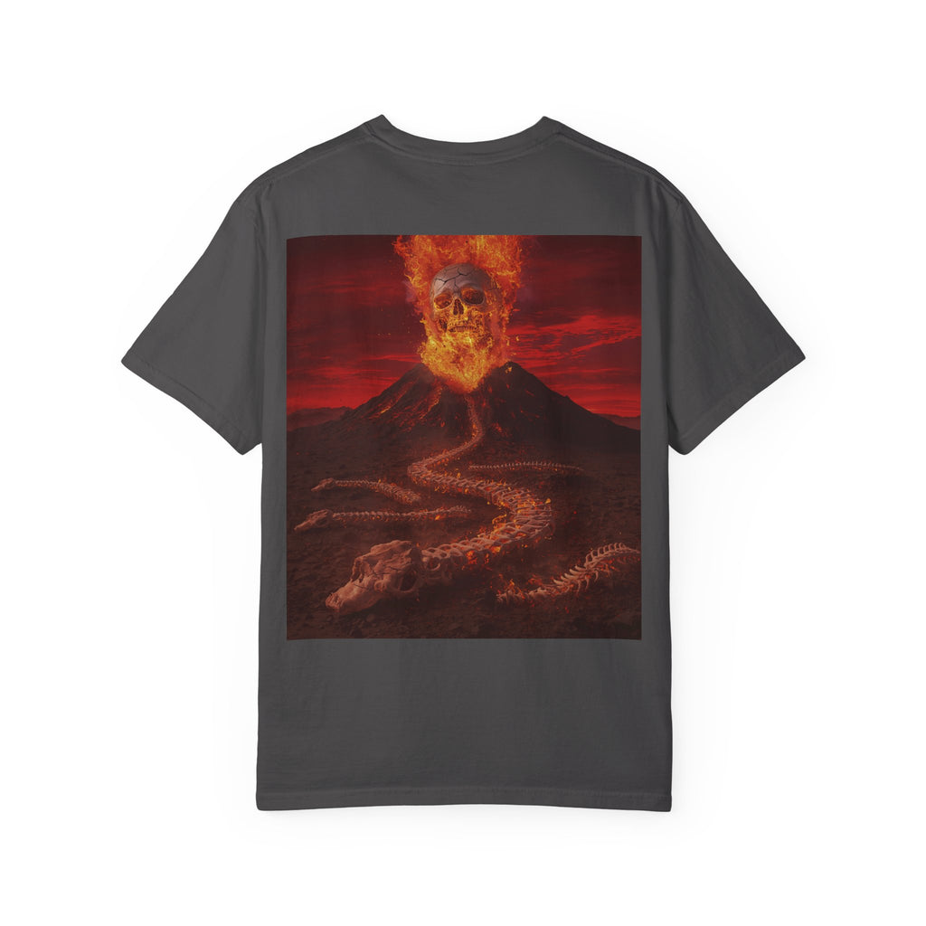 Volcanic Skull Lava Scene T-Shirt | Skeleton Volcano Graphic Tee