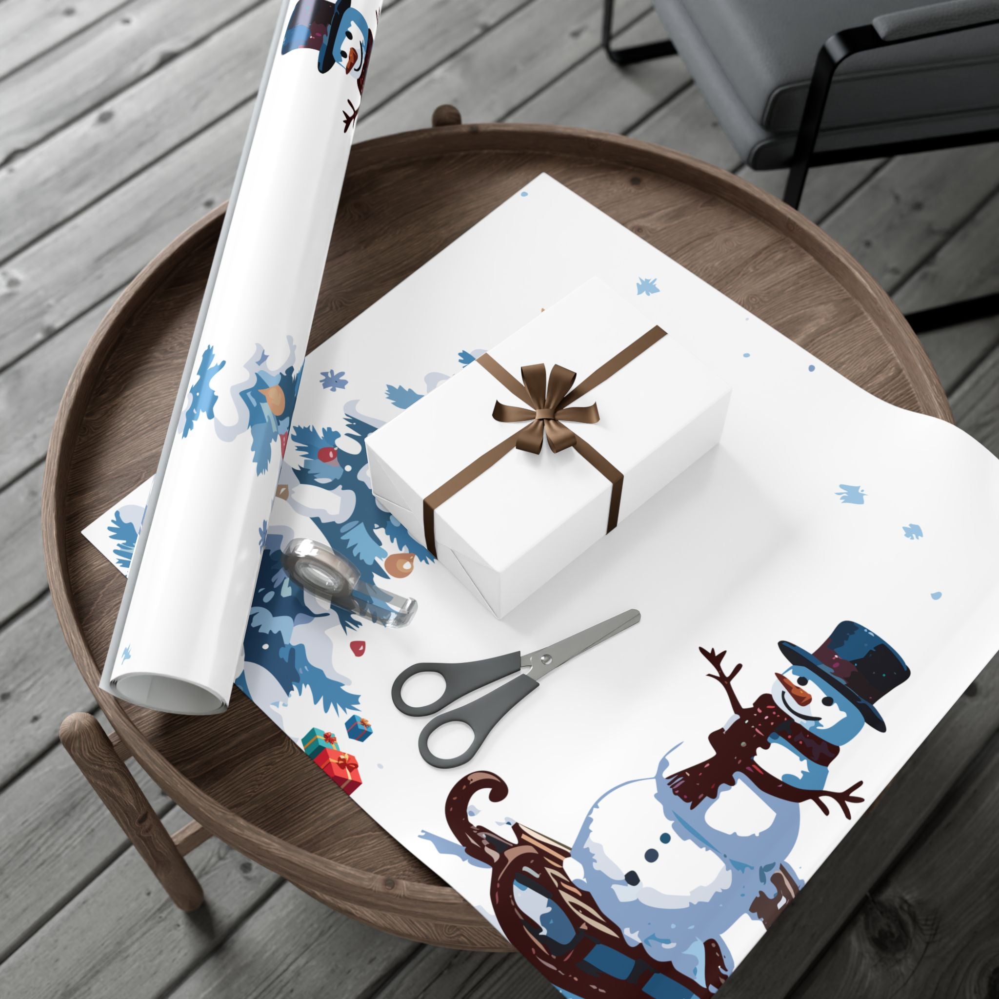 Snowman and Christmas Tree Gift Wrap Paper | Winter Snowflake Wrapping Paper
