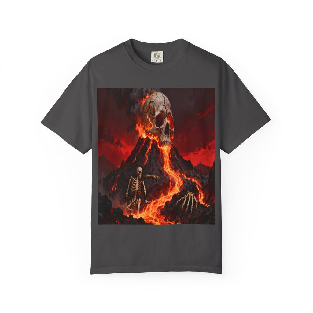 Volcanic Skull Lava Scene T-Shirt | Skeleton Volcano Graphic Tee