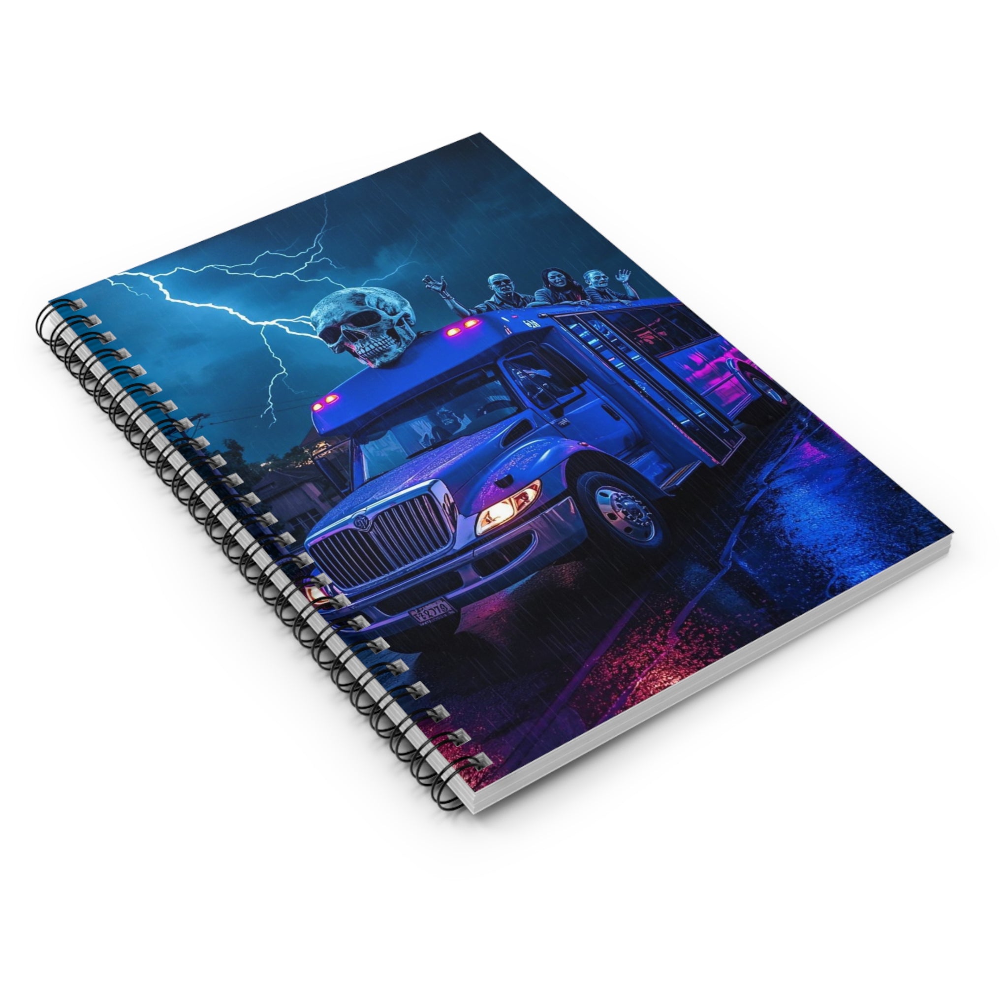 Spooky Skull Party Bus Spiral Notebook — Ruled Journal for Halloween & Gothic Fans