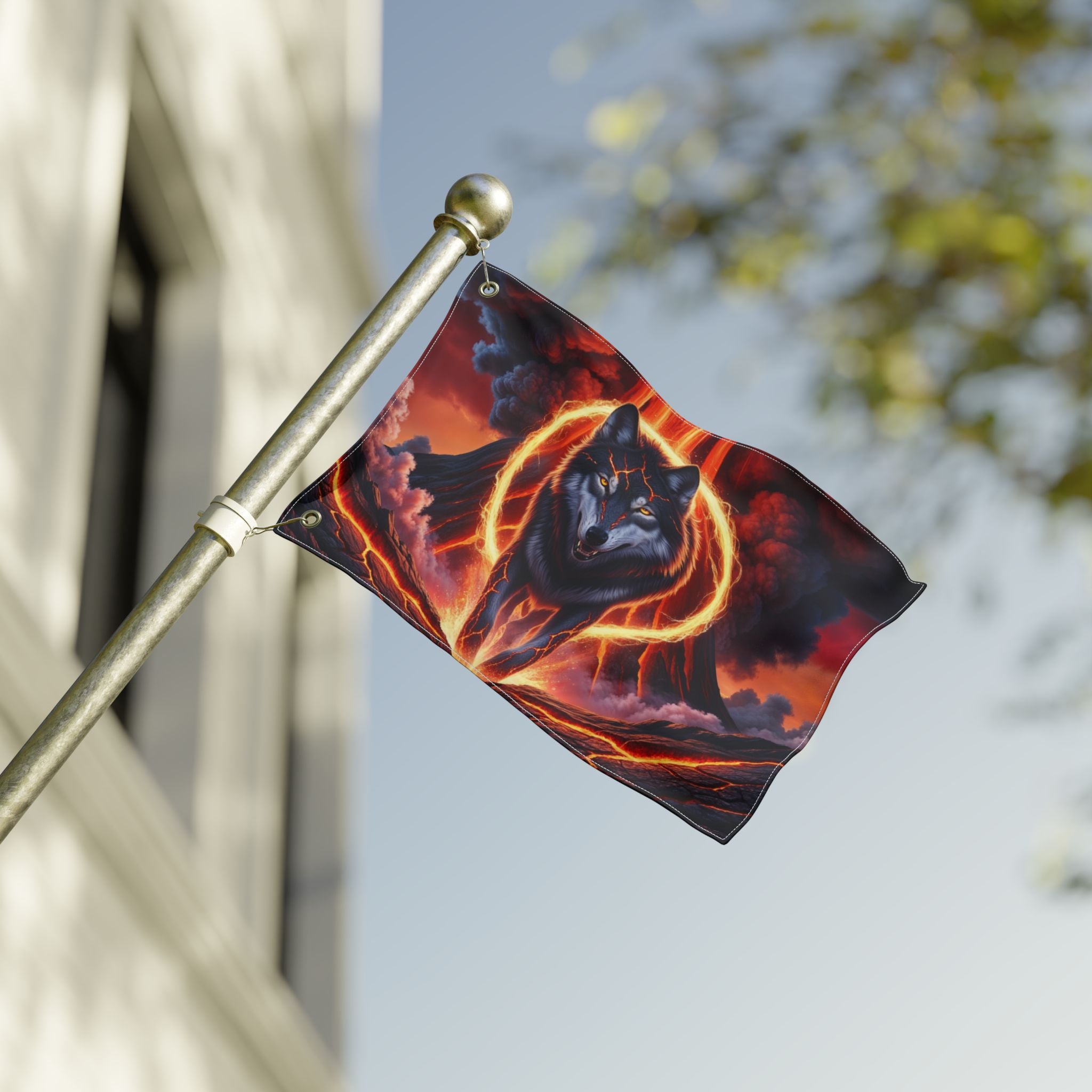Fiery Wolf with Lava Ring Flag | Double-Sided Flag, Volcano Night Scene