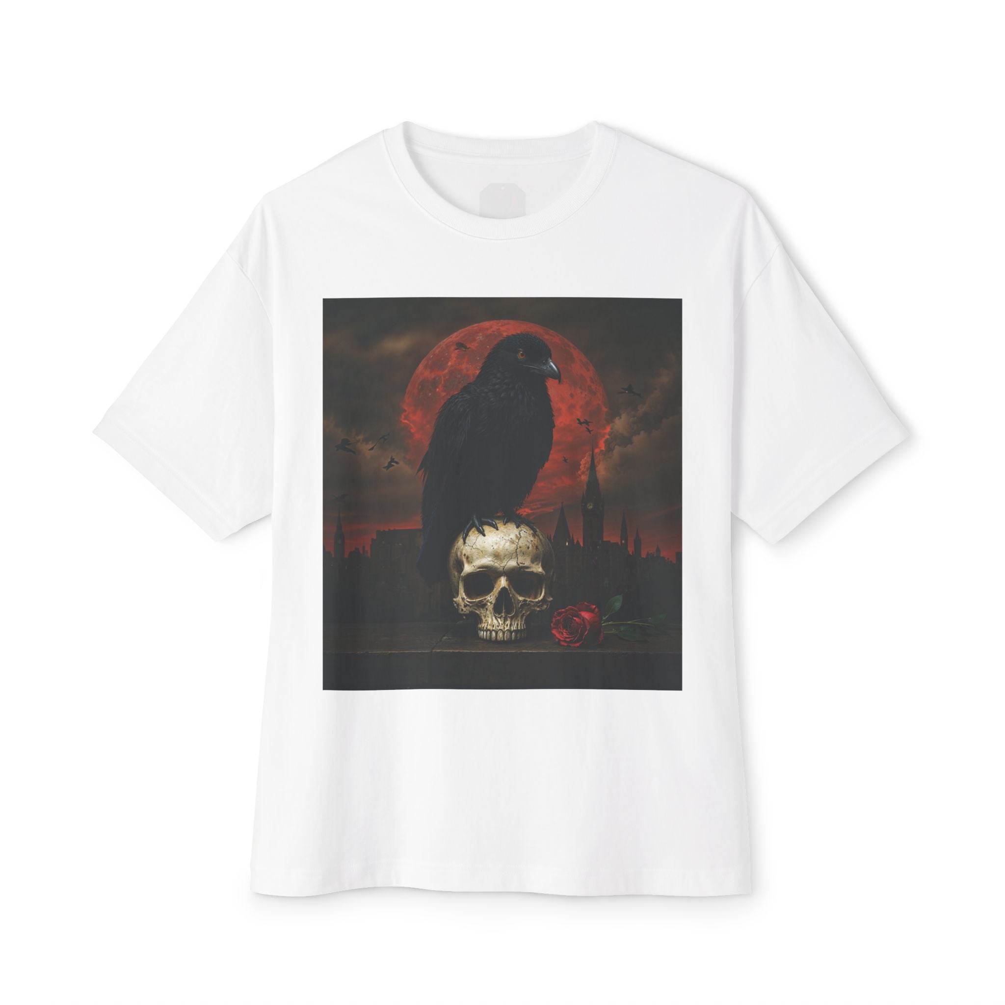 Raven Rising from Flames Skull Tee | Gothic Metal Fantasy