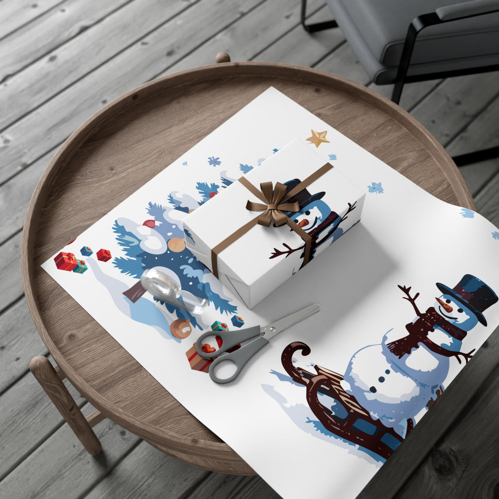 Snowman and Christmas Tree Gift Wrap Paper | Winter Snowflake Wrapping Paper