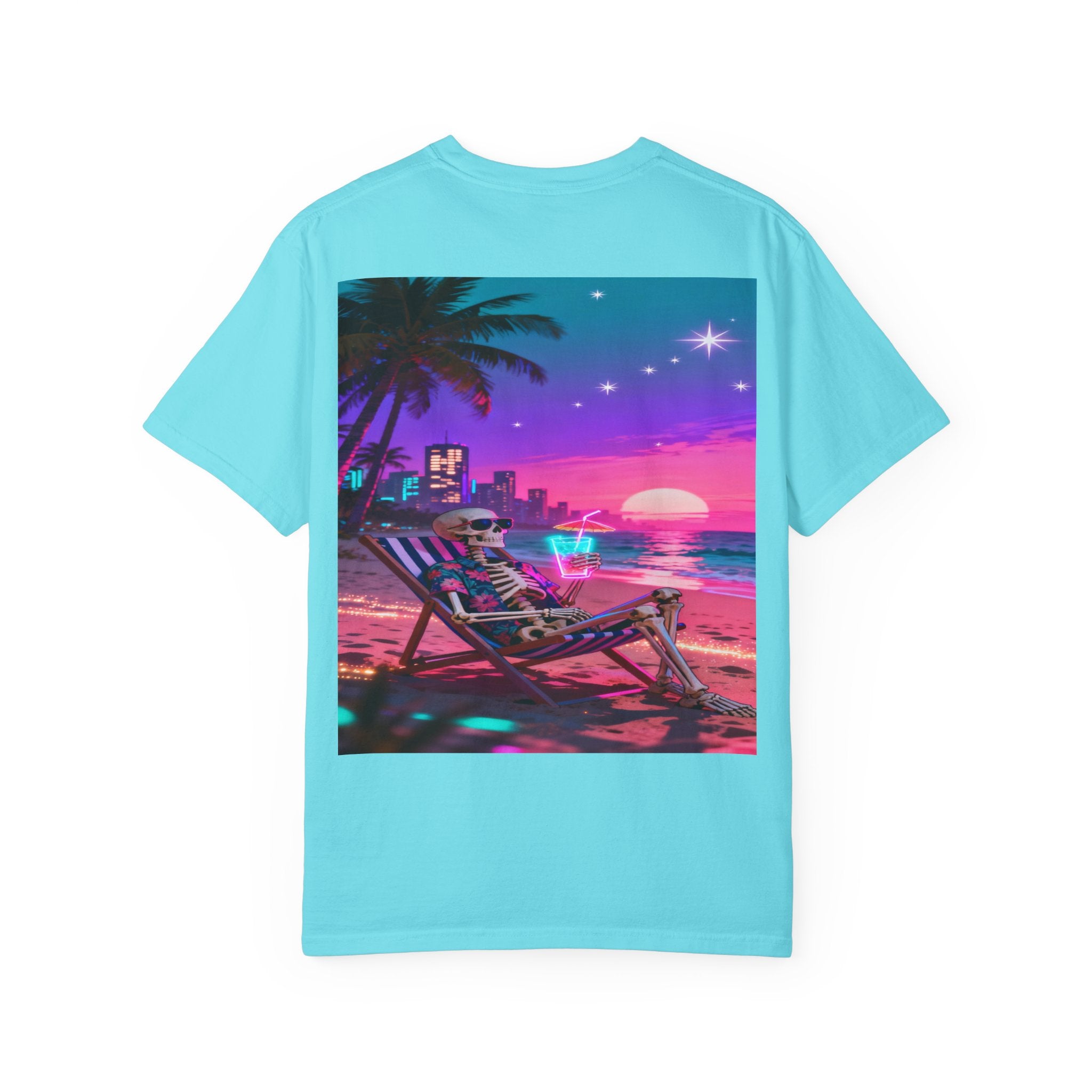 Skeleton on Beach T-shirt | Retro Neon Sunset Vaporwave