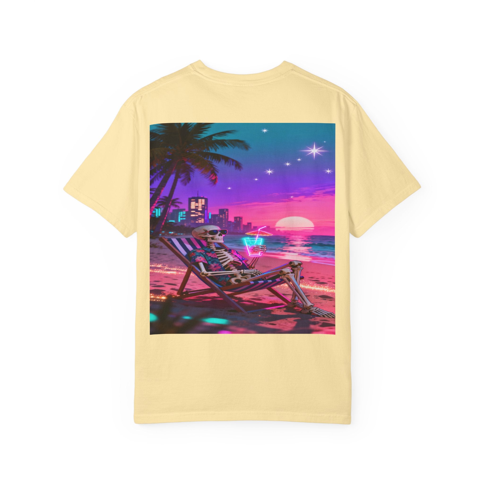 Skeleton on Beach T-shirt | Retro Neon Sunset Vaporwave