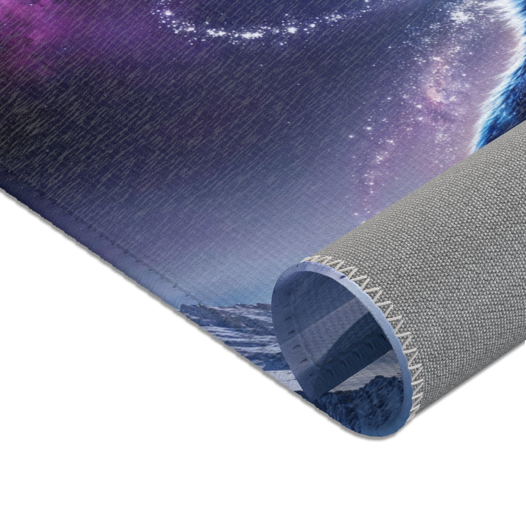 Galaxy Wolf Howling Area Rug | Cosmic Moon Night Sky, Blue Purple Nebula