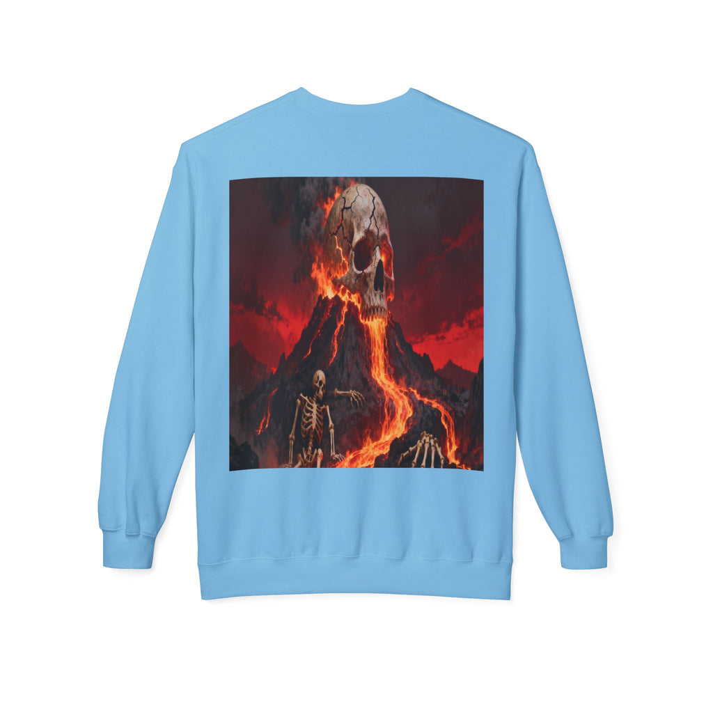 Raven on Skull Crewneck Sweatshirt | Skull Volcano Back Print