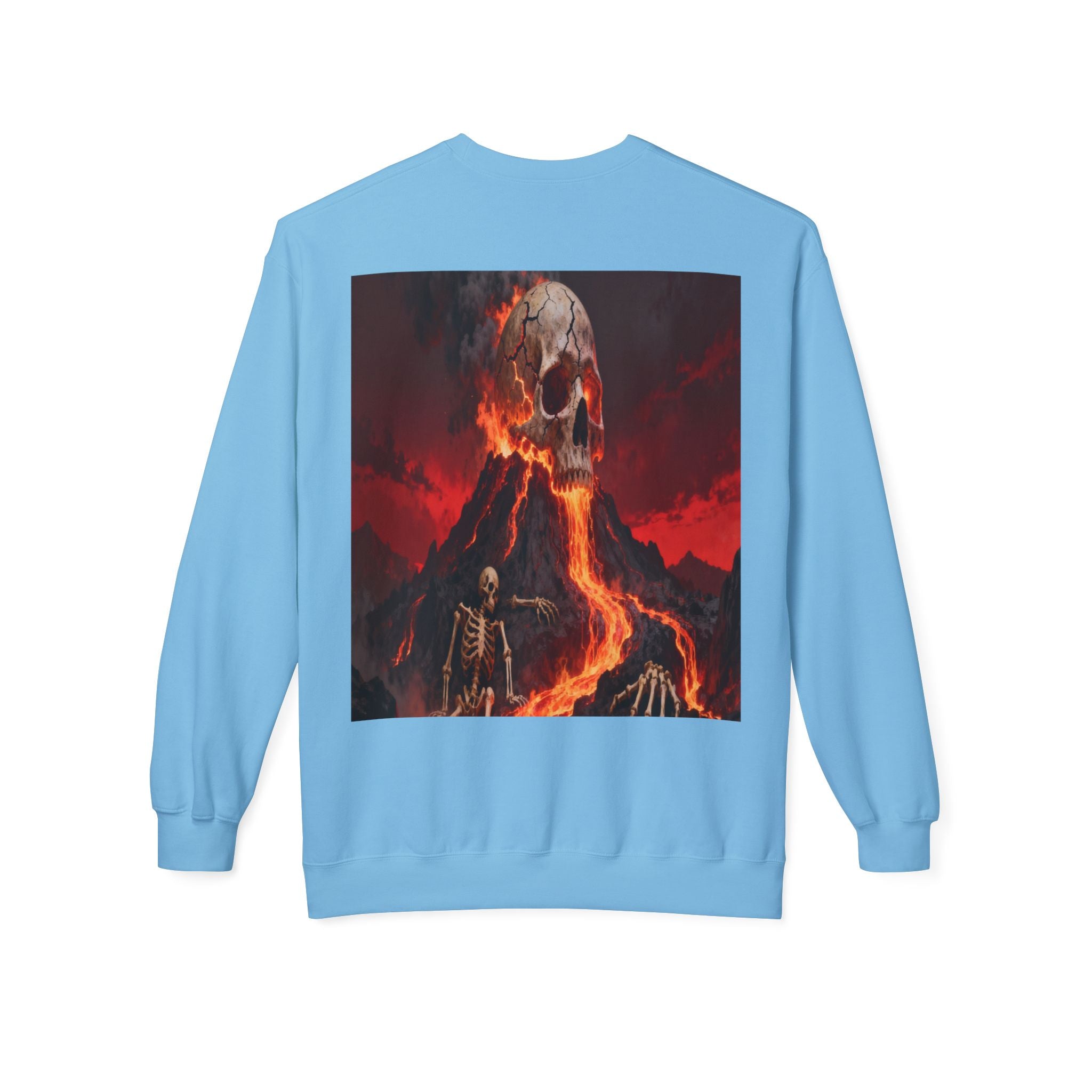 Raven on Skull Crewneck Sweatshirt | Skull Volcano Back Print