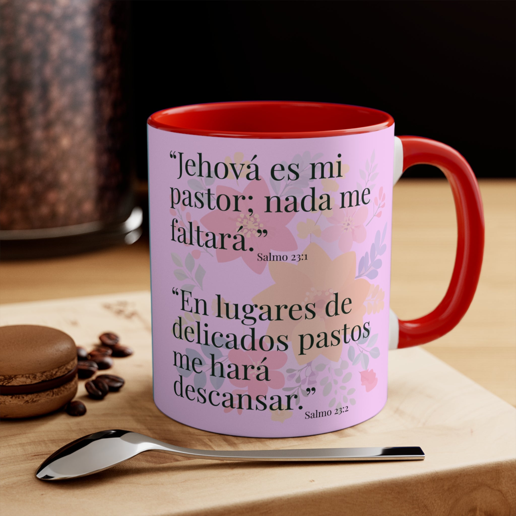 Lion Illustration Accent Mug | Bible Verse Spanish Text, Pink Interior