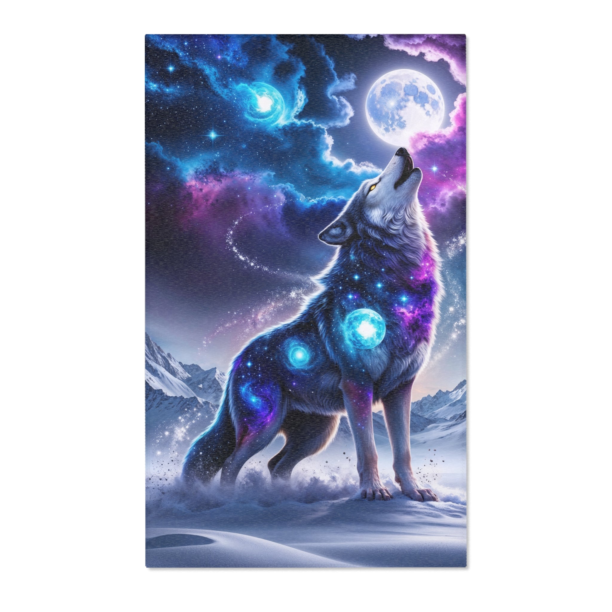 Galaxy Wolf Howling Area Rug | Cosmic Moon Night Sky, Blue Purple Nebula