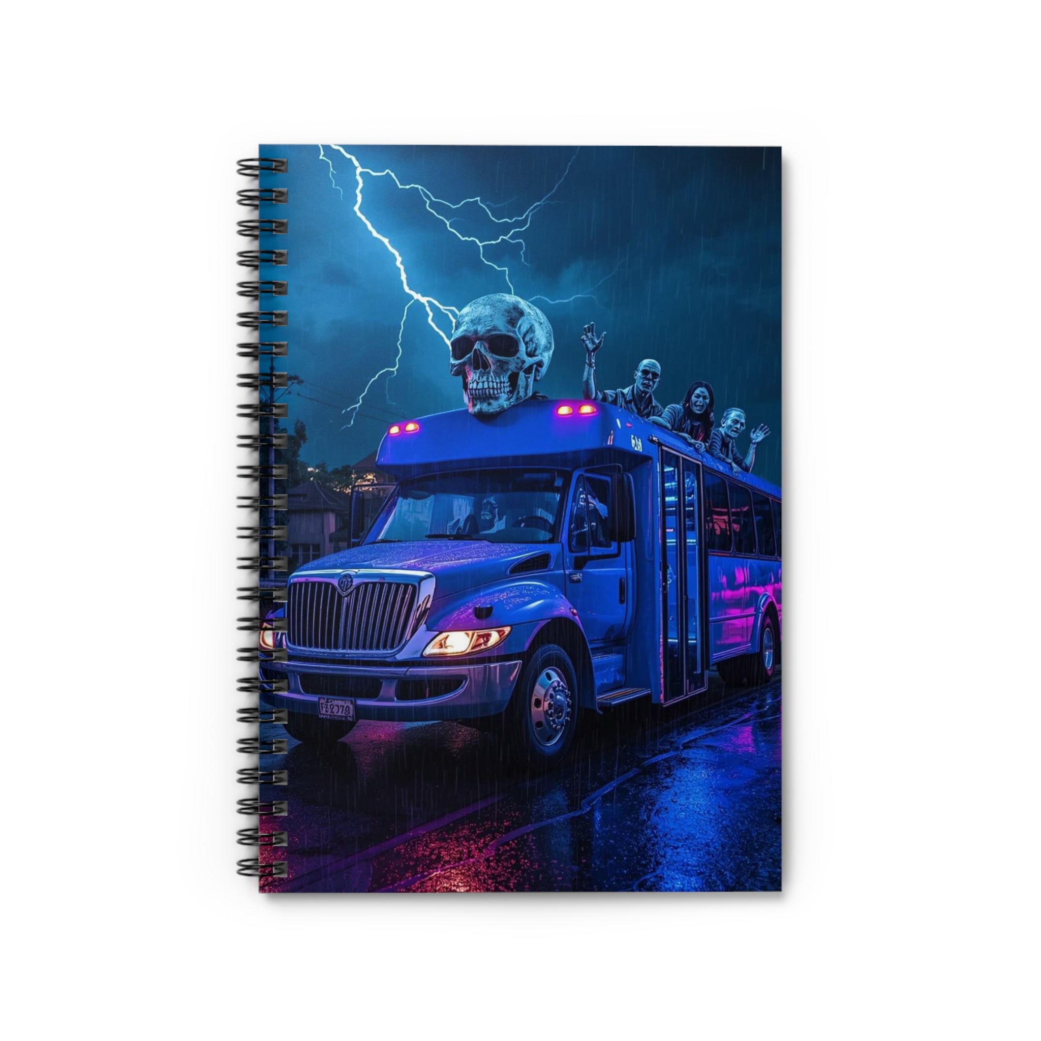 Spooky Skull Party Bus Spiral Notebook — Ruled Journal for Halloween & Gothic Fans