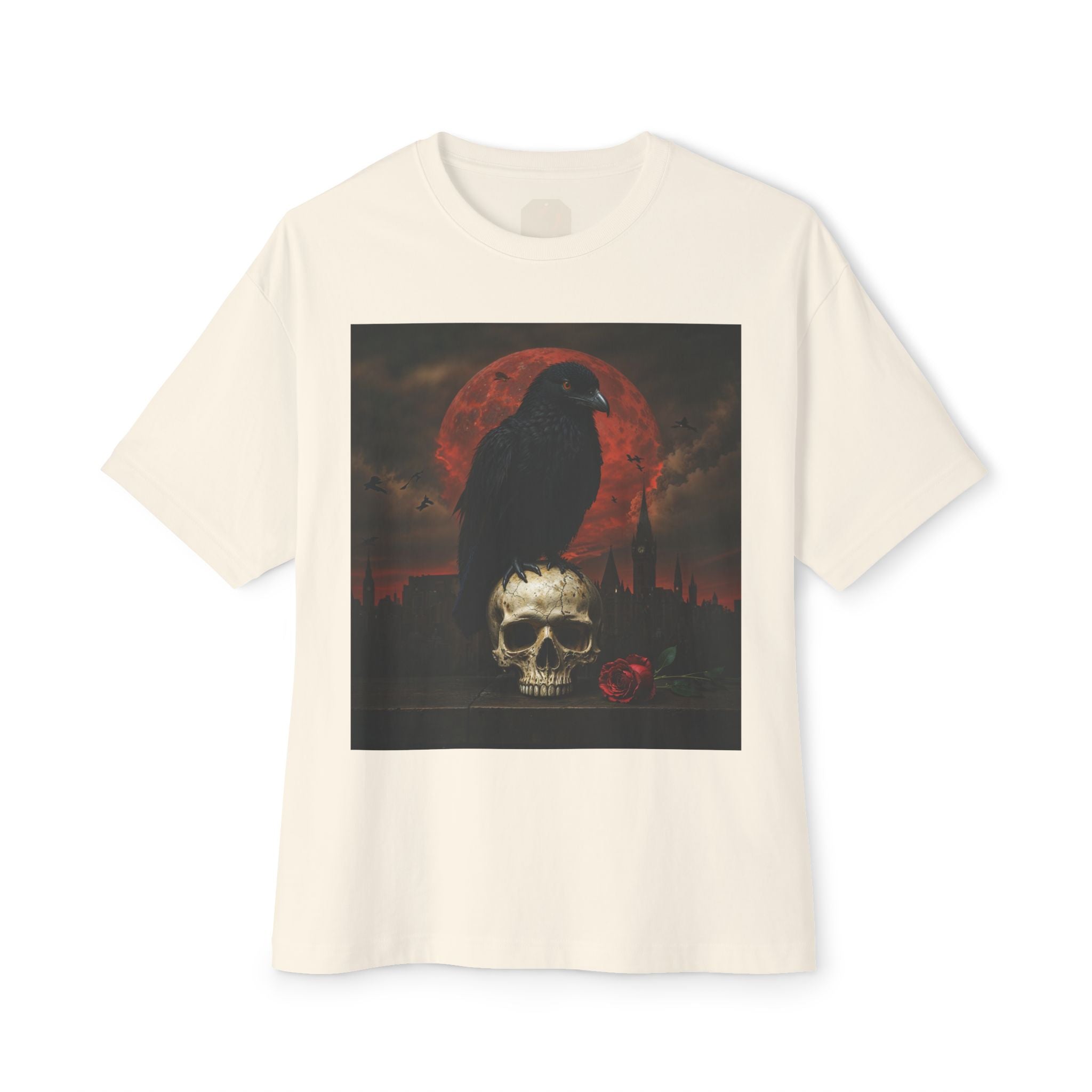 Raven Rising from Flames Skull Tee | Gothic Metal Fantasy