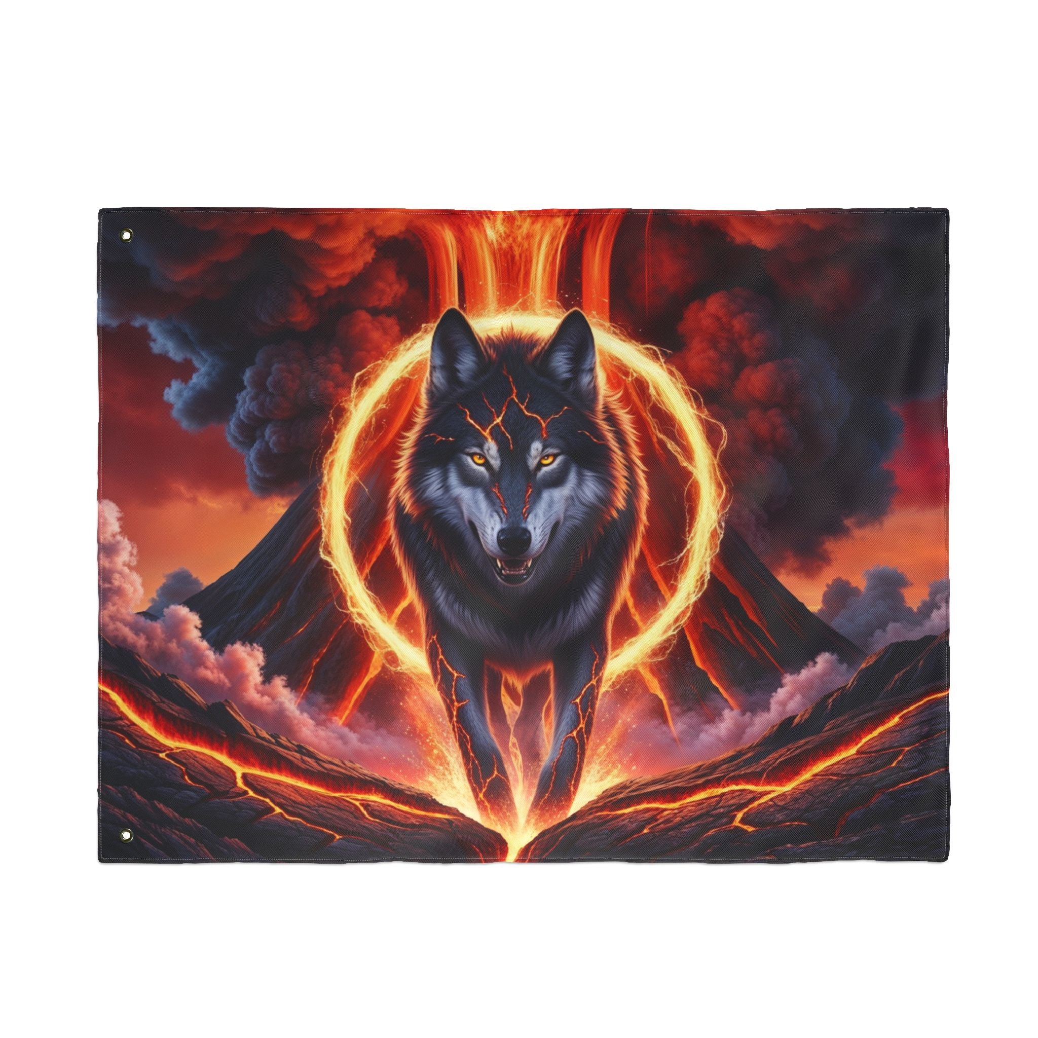 Fiery Wolf with Lava Ring Flag | Double-Sided Flag, Volcano Night Scene