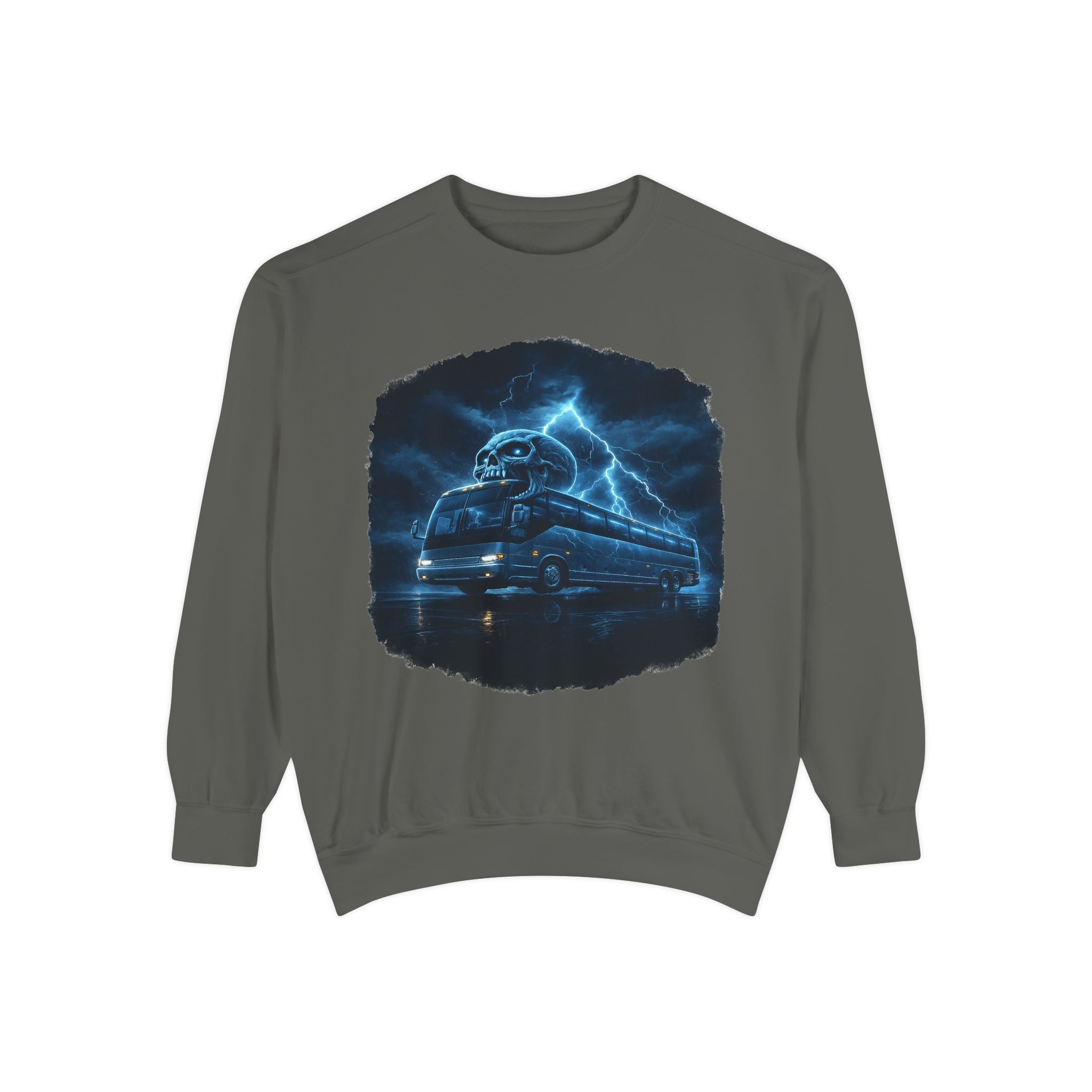 Ghostly Night Bus Sweatshirt — Haunted Storm Road Trip Crewneck