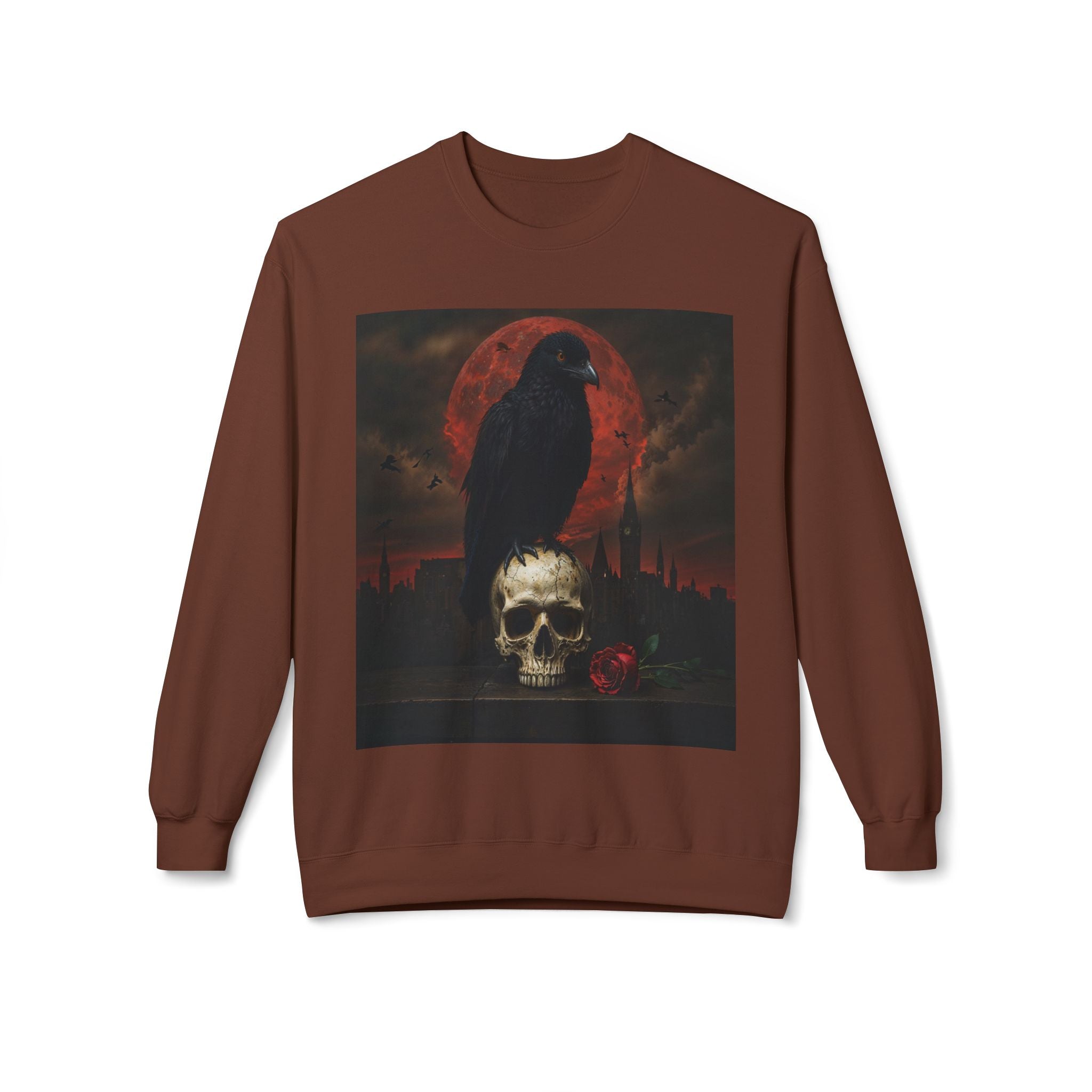 Raven on Skull Crewneck Sweatshirt | Skull Volcano Back Print
