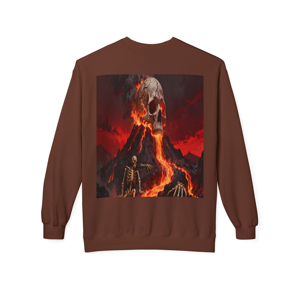 Raven on Skull Crewneck Sweatshirt | Skull Volcano Back Print
