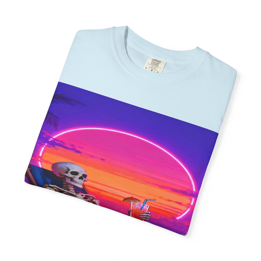 Skeleton on Beach T-shirt | Retro Neon Sunset Vaporwave