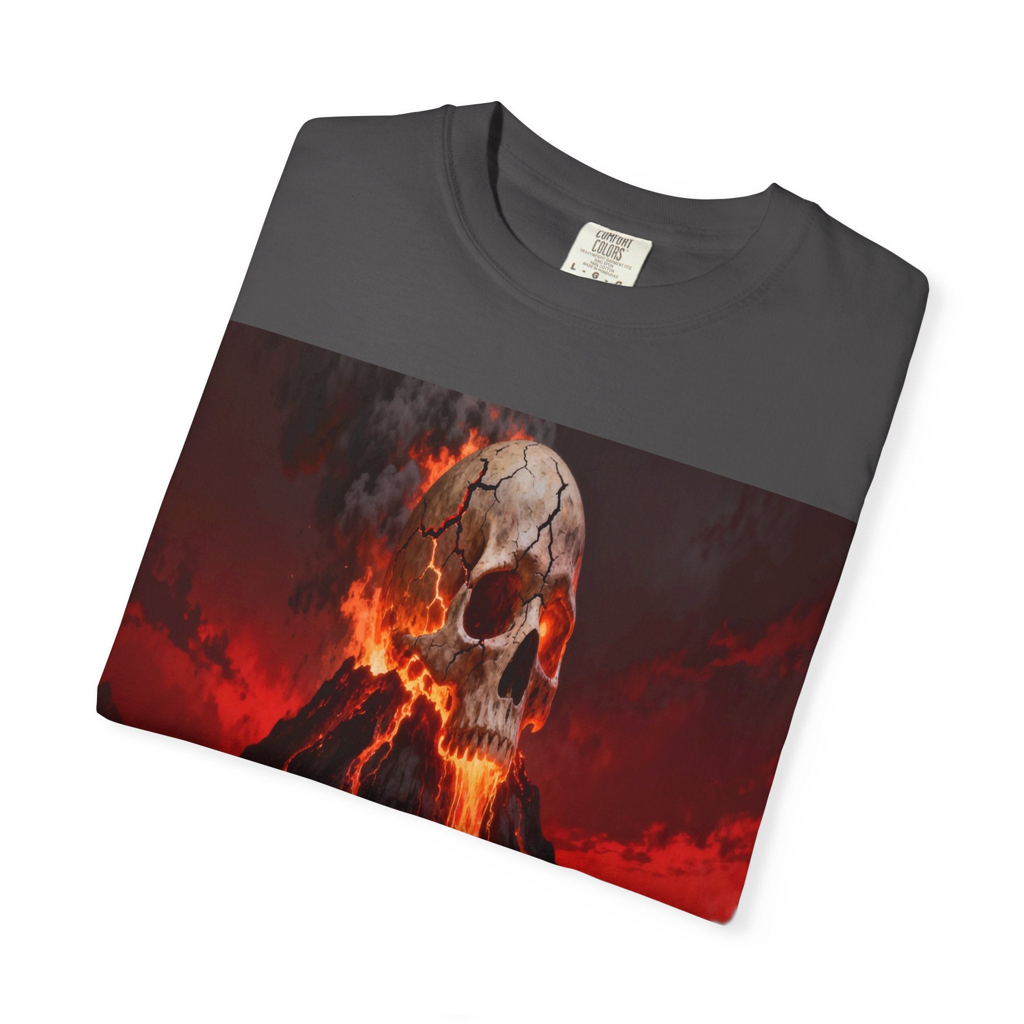 Volcanic Skull Lava Scene T-Shirt | Skeleton Volcano Graphic Tee