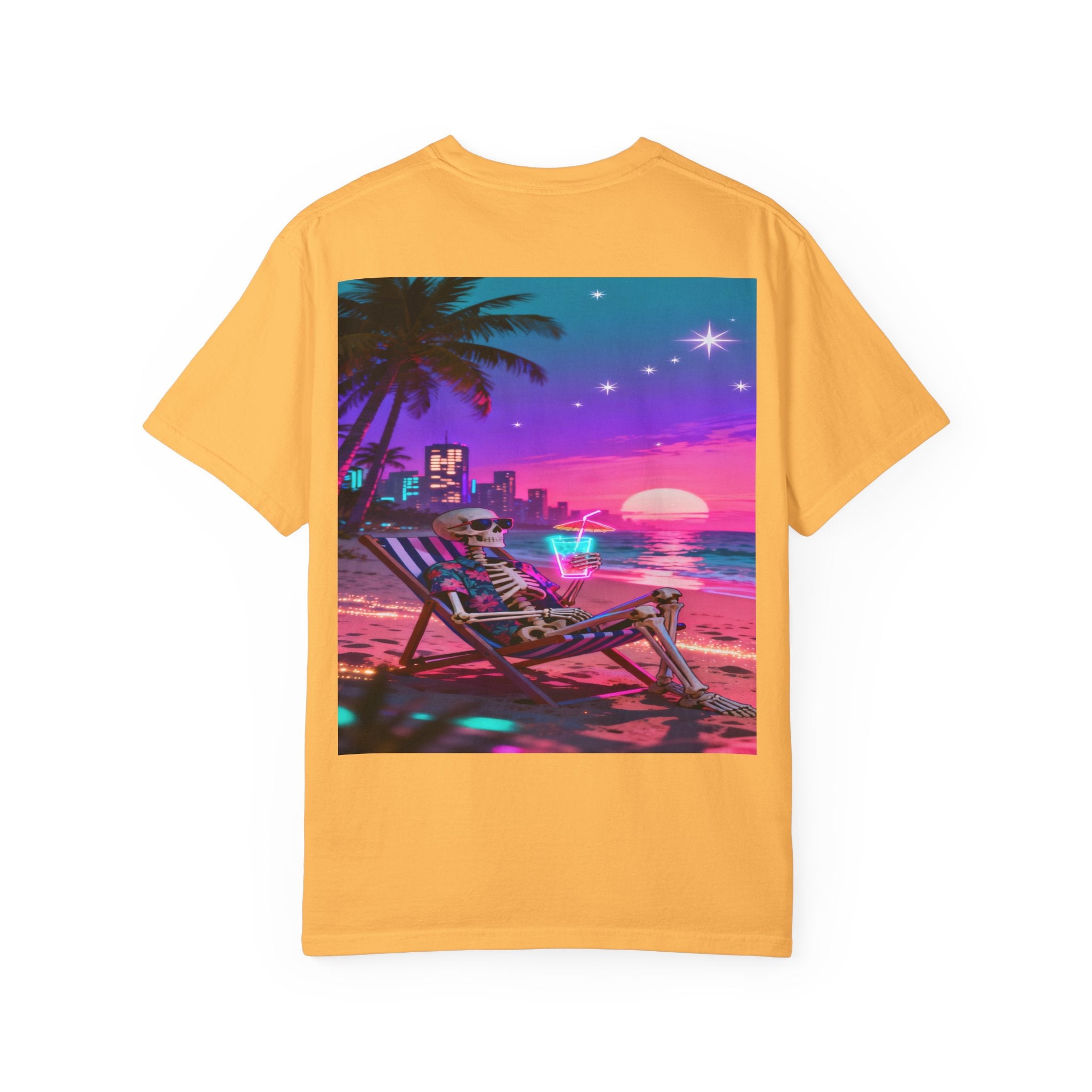 Skeleton on Beach T-shirt | Retro Neon Sunset Vaporwave